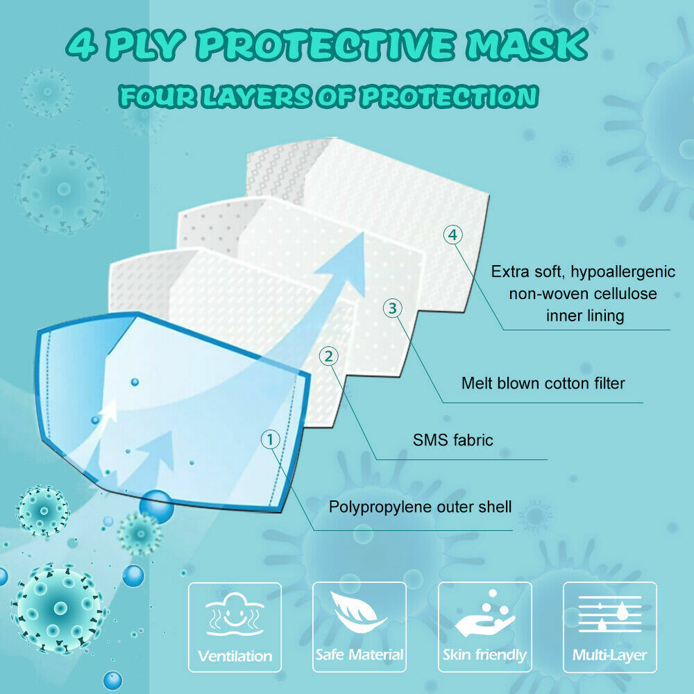 50Pcs Cartoon 3D Kids BFE 95% Protective 4 Layer Face Mask Disposable Respirator