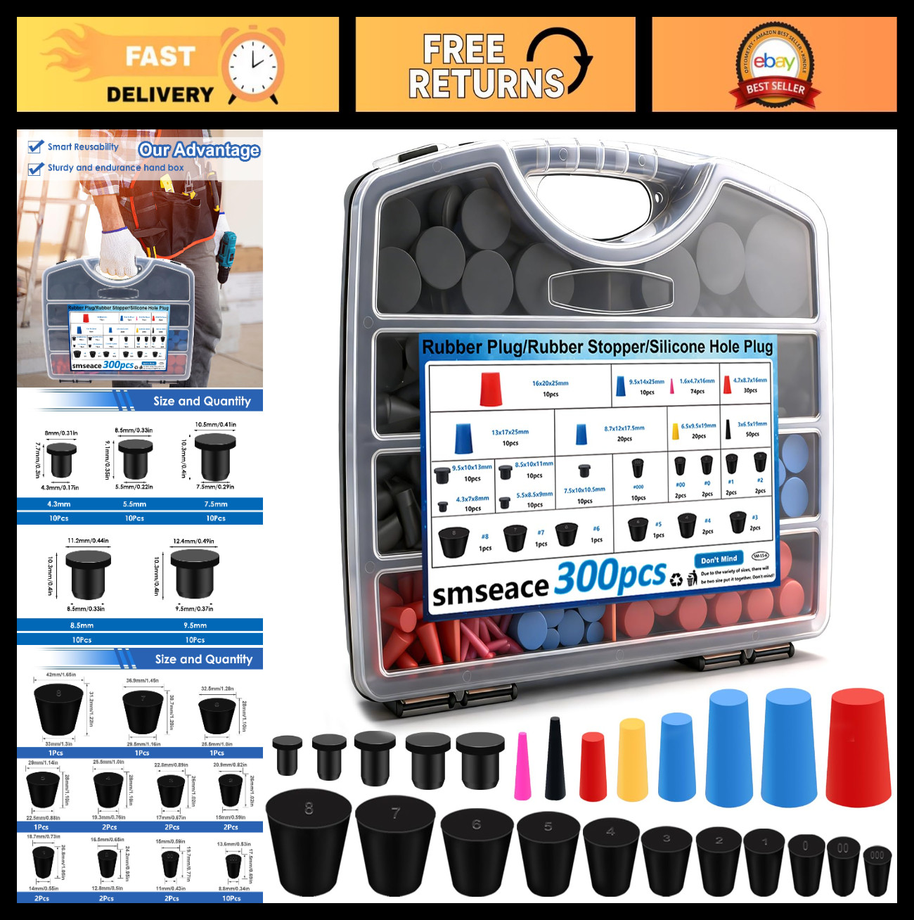 300Pcs Silicone Rubber Stoppers – 3 Types, 24 Sizes, High-Temp Resistant, Toolbo