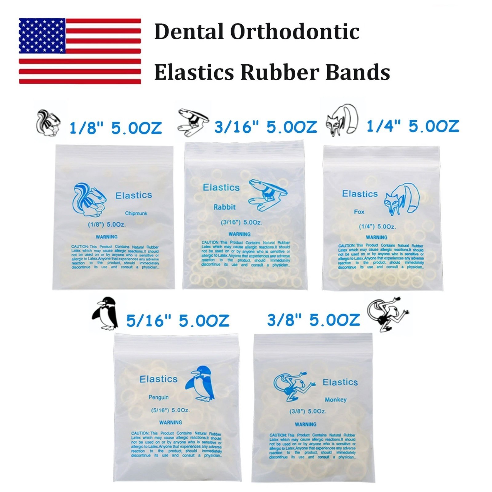 US Orthodontic 5.0Oz Elastics Braces Rubber Bands Latex Braces 1000/2000/3000Pcs