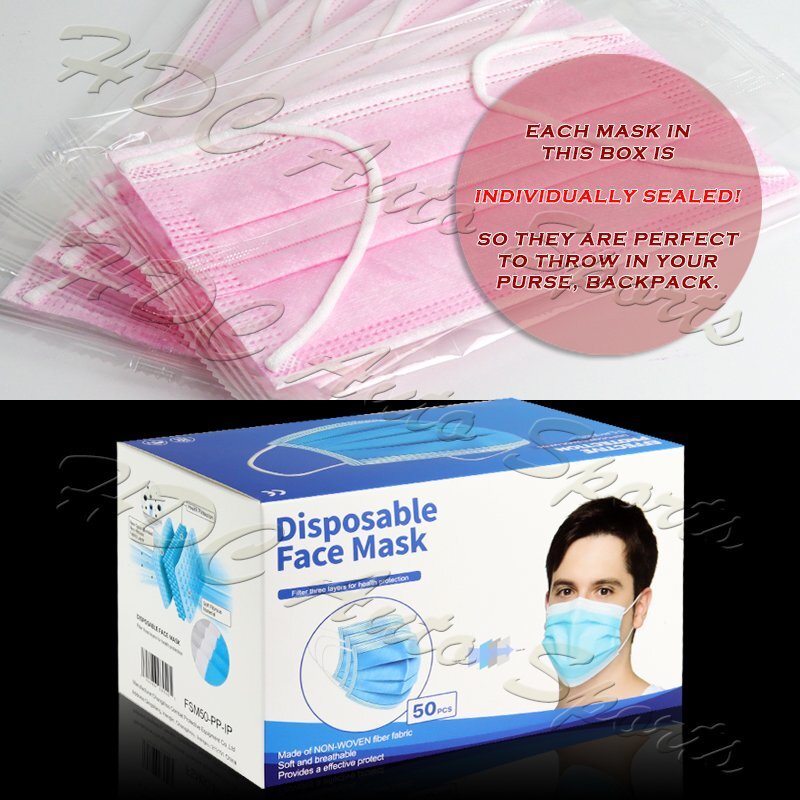 Disposable 50PCS Face Mask Non Medical Surgical Mouth Nose Earloop Cover PINK