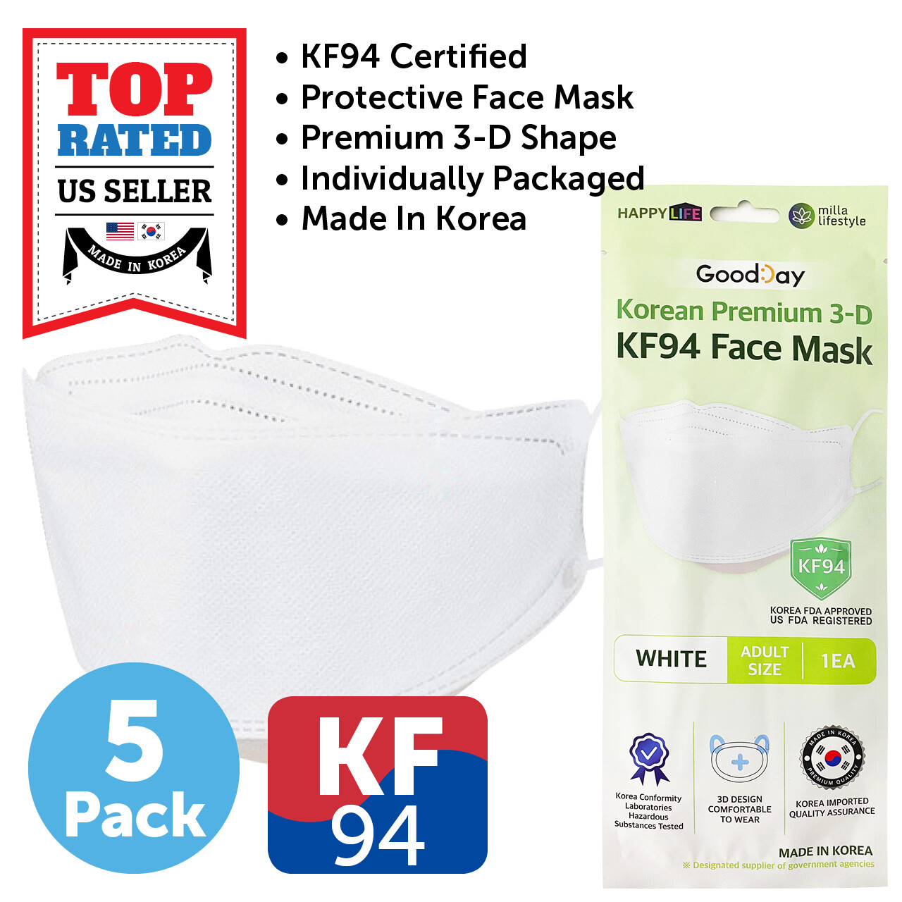 5 PCS KF94 WHITE Protective Face Mask Adult Made in Korea KFDA Approved