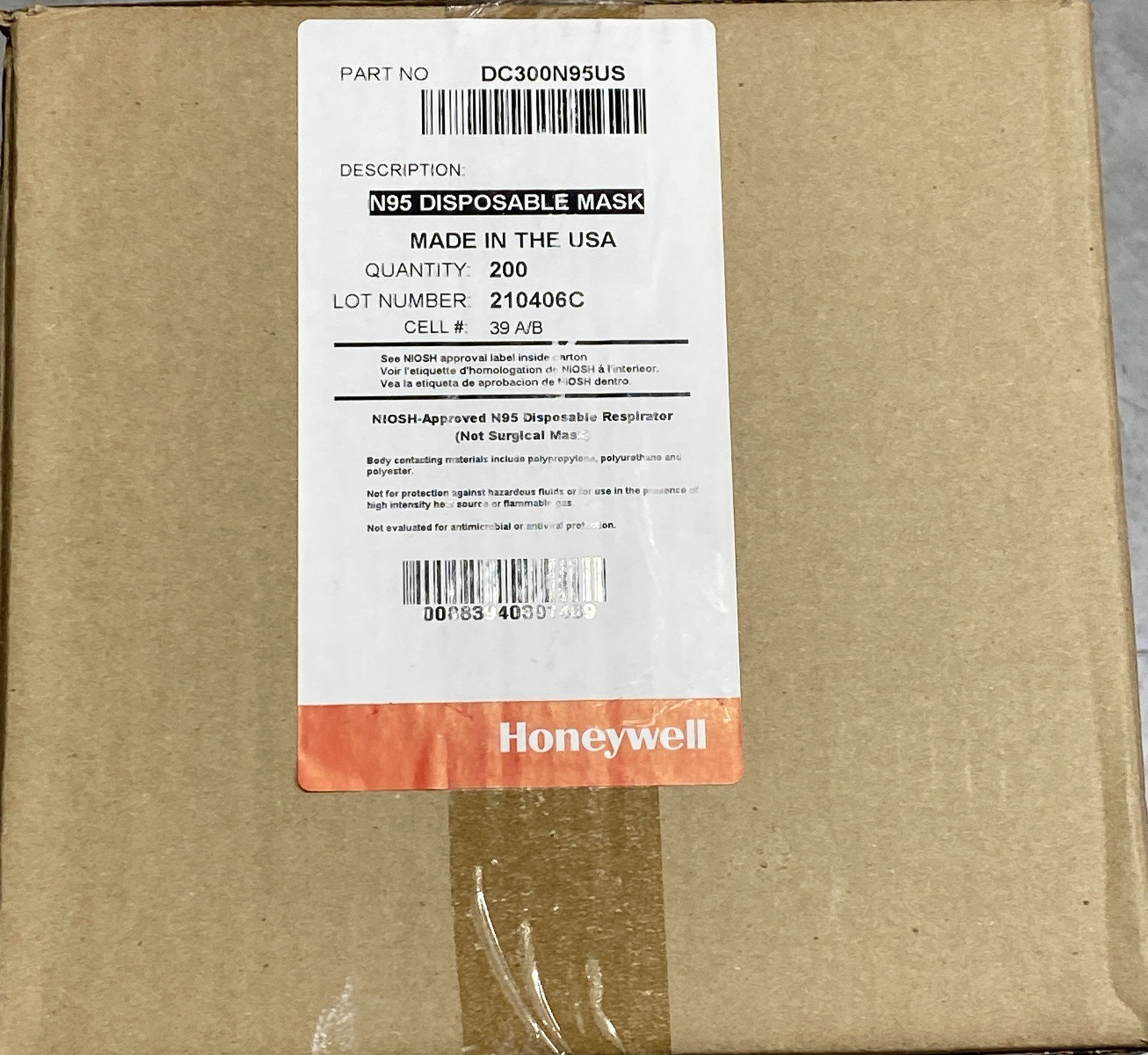 Honeywell N95 DC300N95 Respirator Particulate Masks Disposable NIOSH, 200/Case.