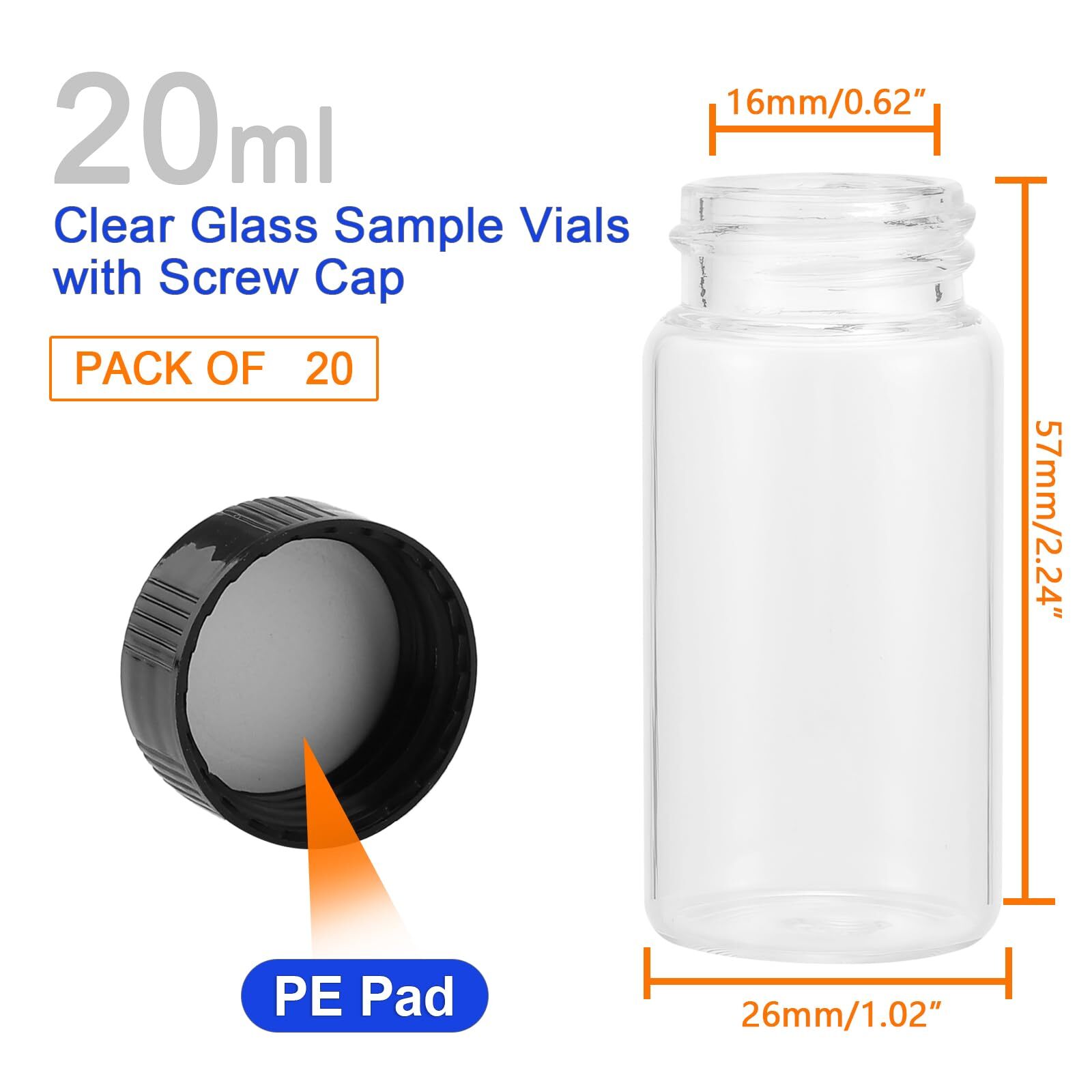 Glass Vials with Screw Caps 20-Pack 20ml Clear for Essential Oils Samples