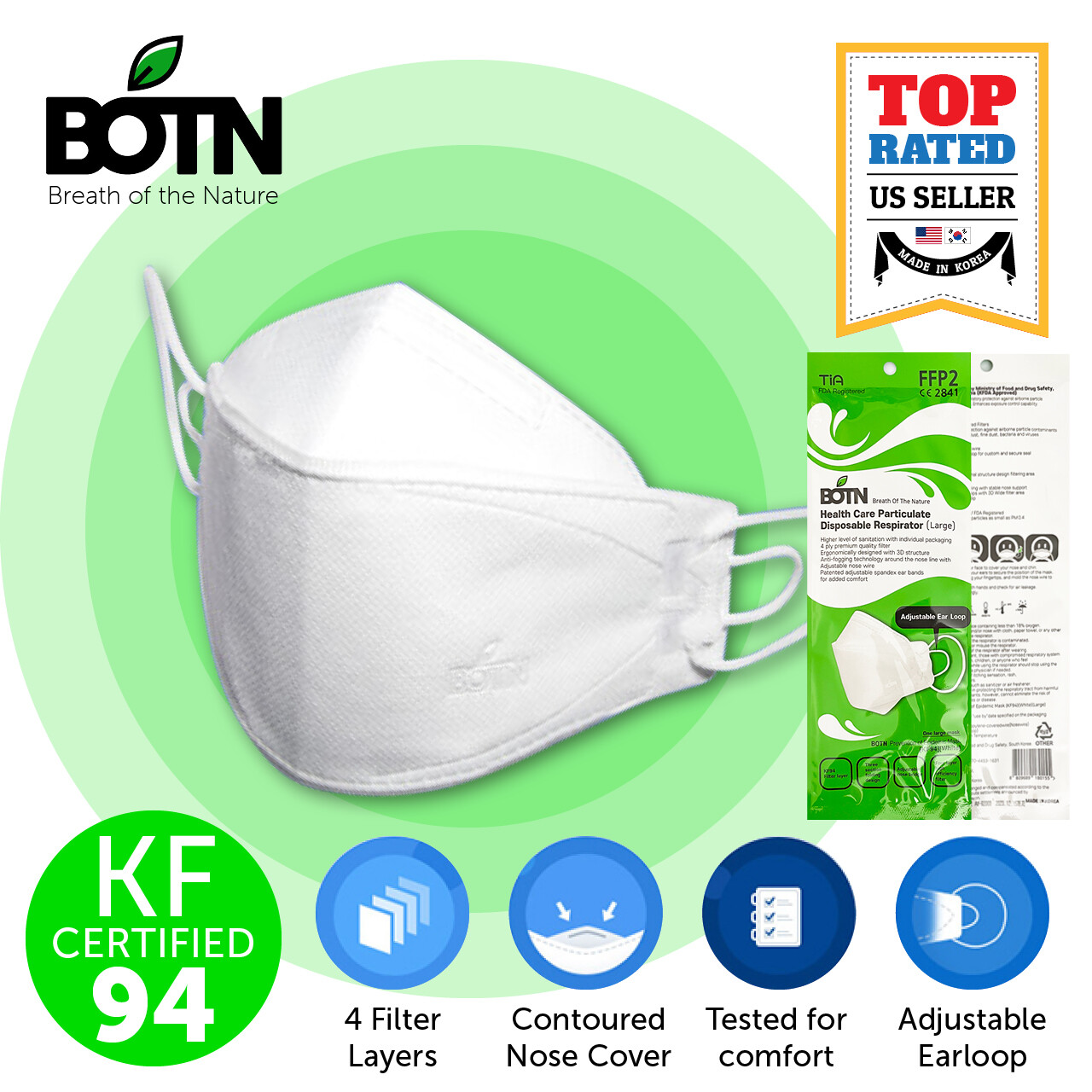 2 Pack KF94 WHITE L Adult Size Protective Face Mask Made in Korea KFDA Approved