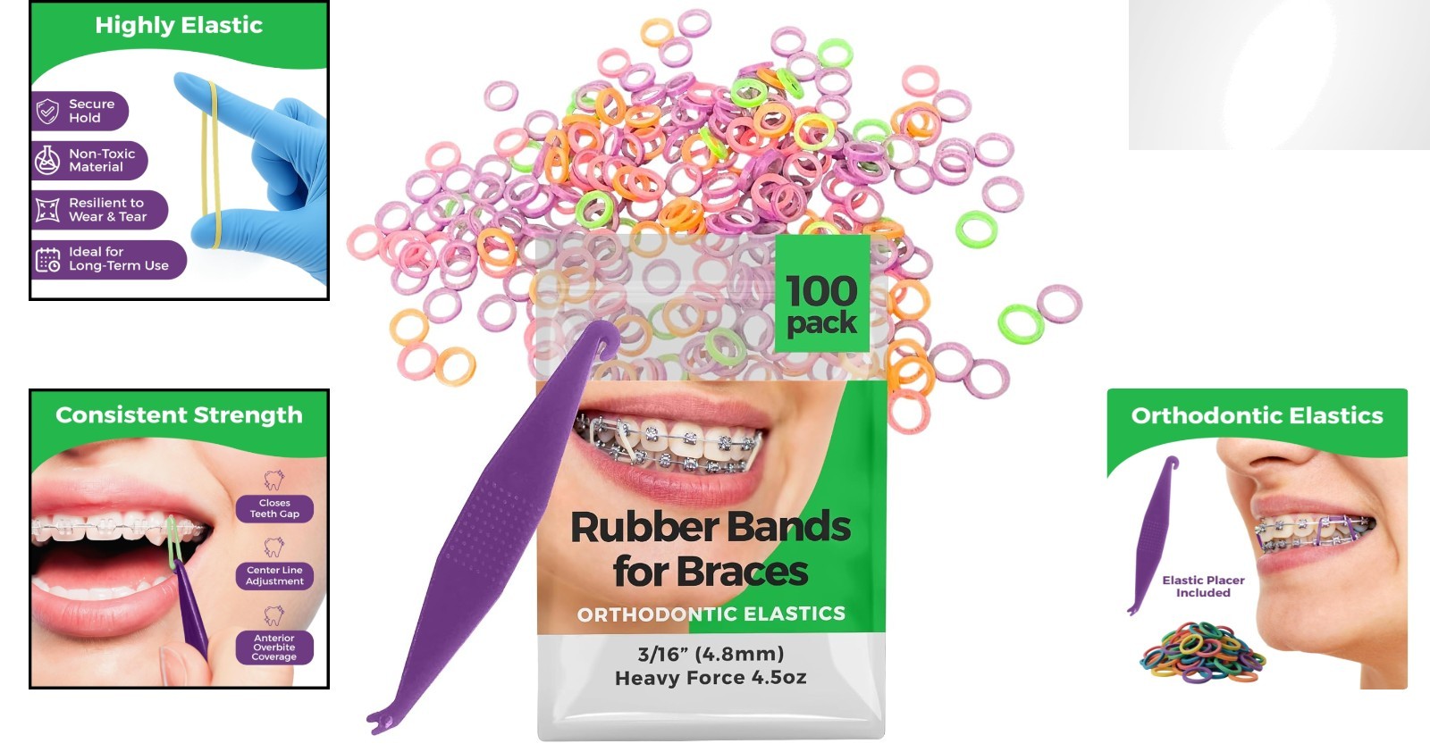 Comfortable Fit Neon Elastic Bands for Braces & Hair – 100 Pack with Placer