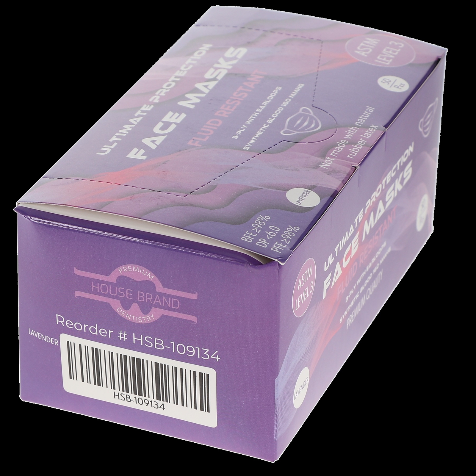 House Brand Dentistry 109134 Earloop Face Masks 3-Ply ASTM Level 3 Lavender 50P