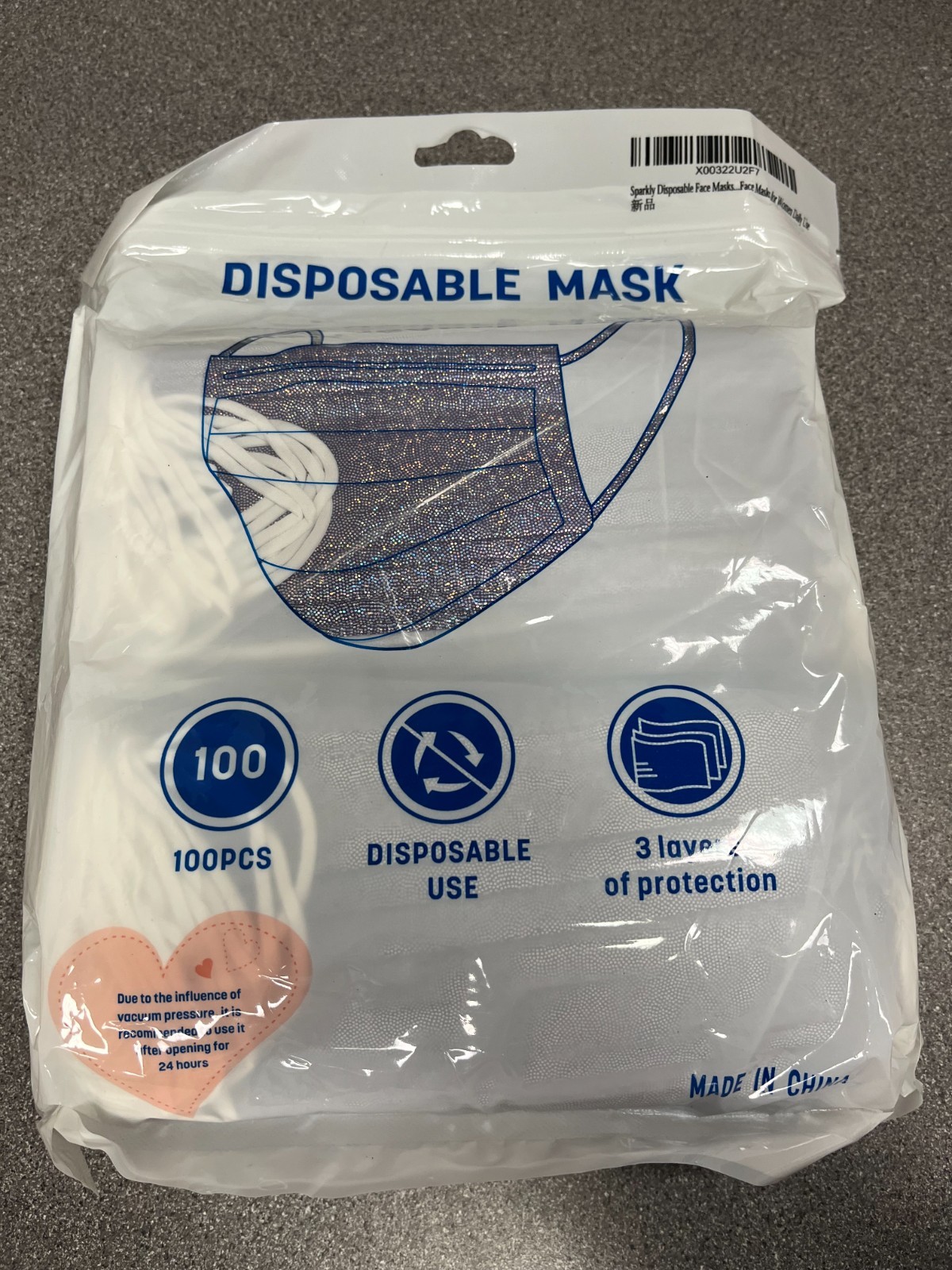 Sparkly Disposable Face Masks Glitter Print Design, 3 Ply Protective Face Mask