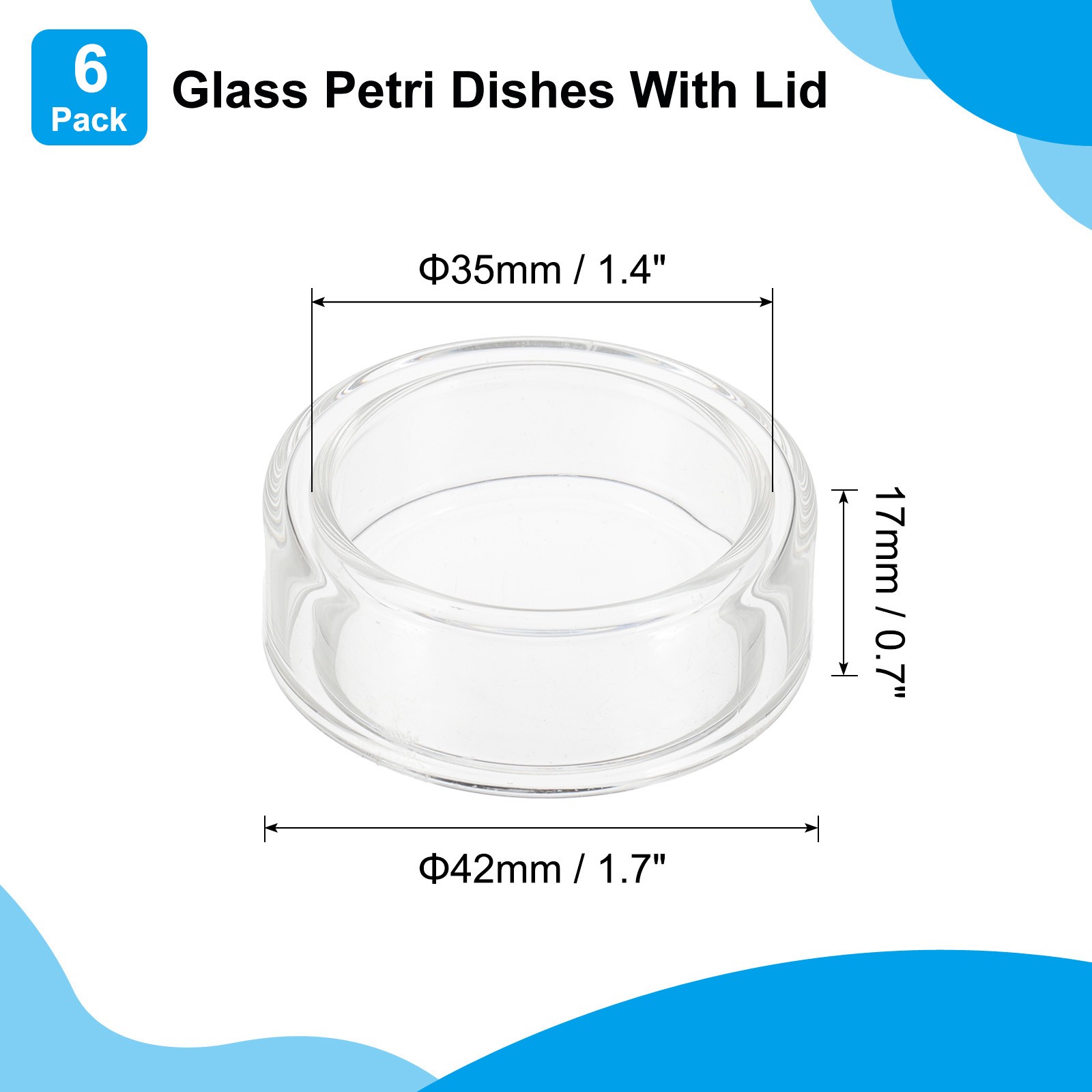 35mm/0.38inch 6Pcs High Borosilicate Glass Petri Dishes for Lab, Clear