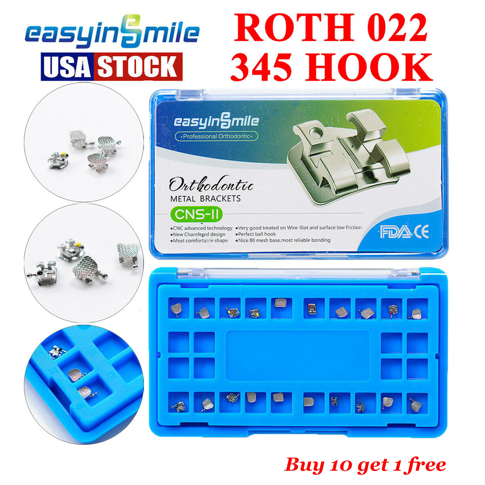 10x Dental Orthodontic Bracket Metal Brace Roth 022 345 Hook MINI MIM Mesh Base