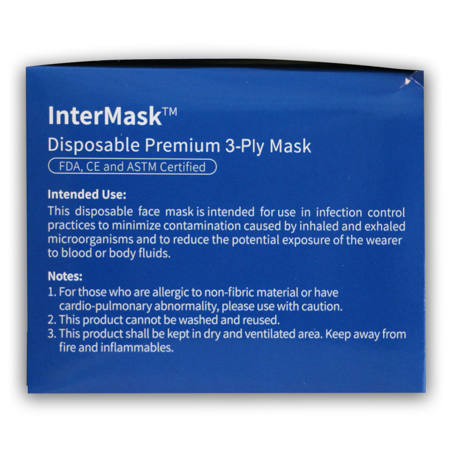 InterMask Disposable Premium 3-Ply Mask, ASTM Level 3, Box of 50