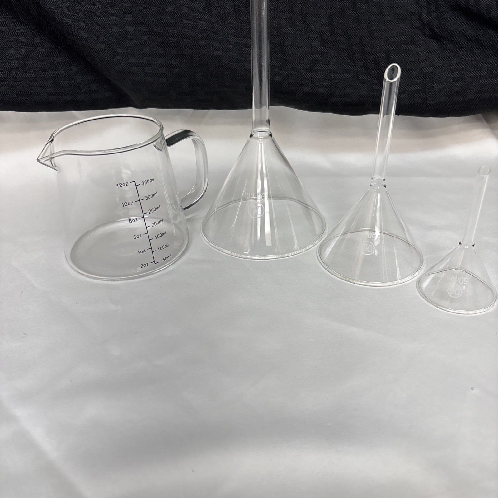 Lot of 3 Glass Long Stem Filling Funnels w/ 12 Ounce Measure Cup