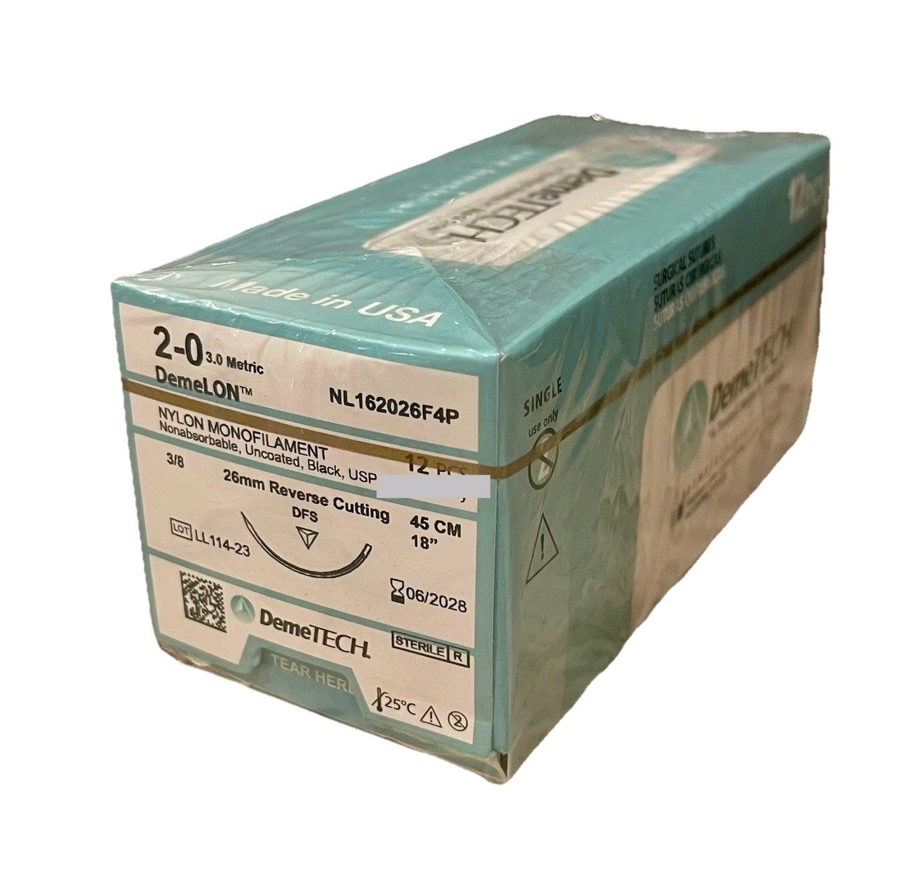 DemeLON 2-0 USP Nylon Sutures 18” DFS 26mm RC 3/8c EXP 06/2028 12ct NEW SEALED
