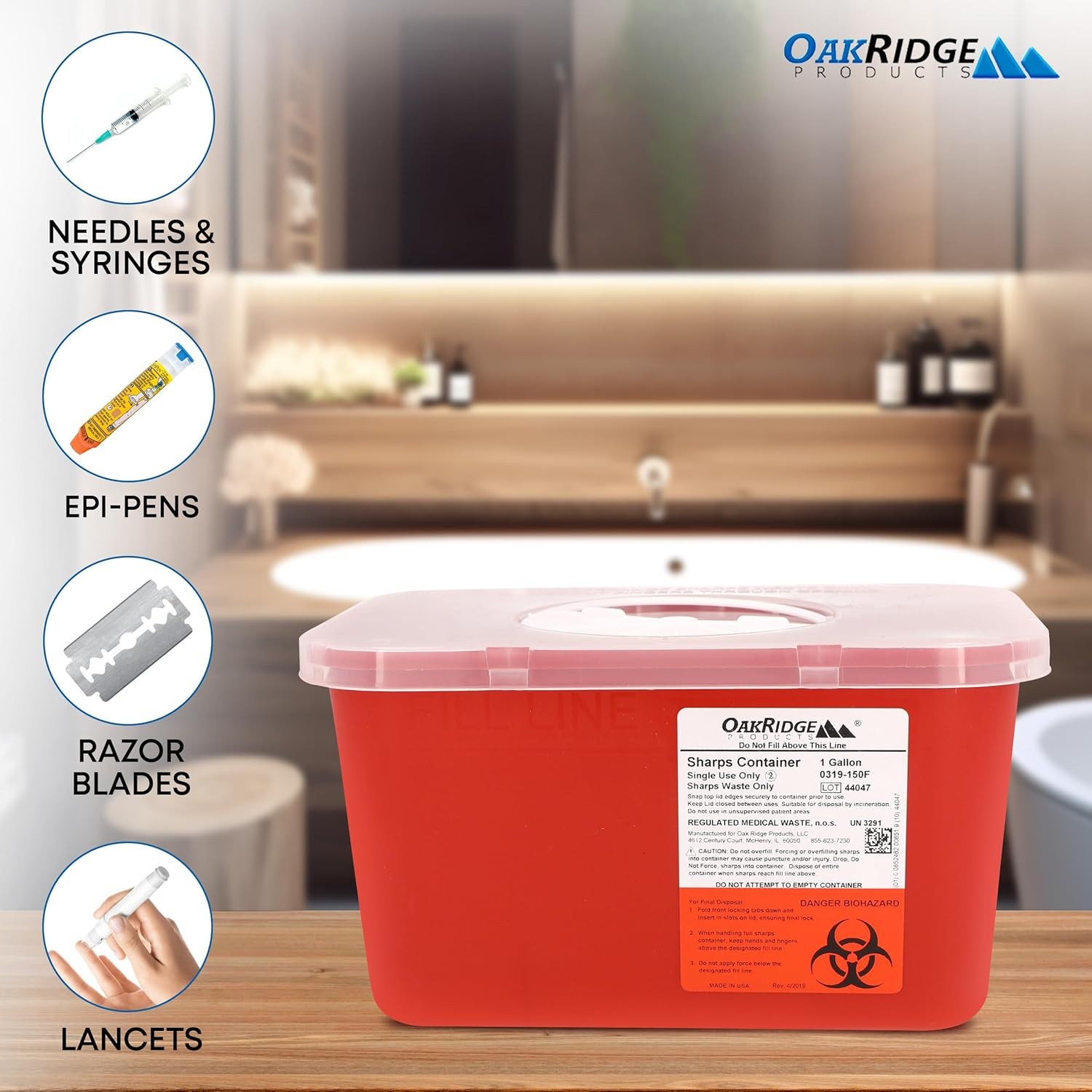 Oakridge Products Large Sharps Container for Home Use and Professional 1 Red