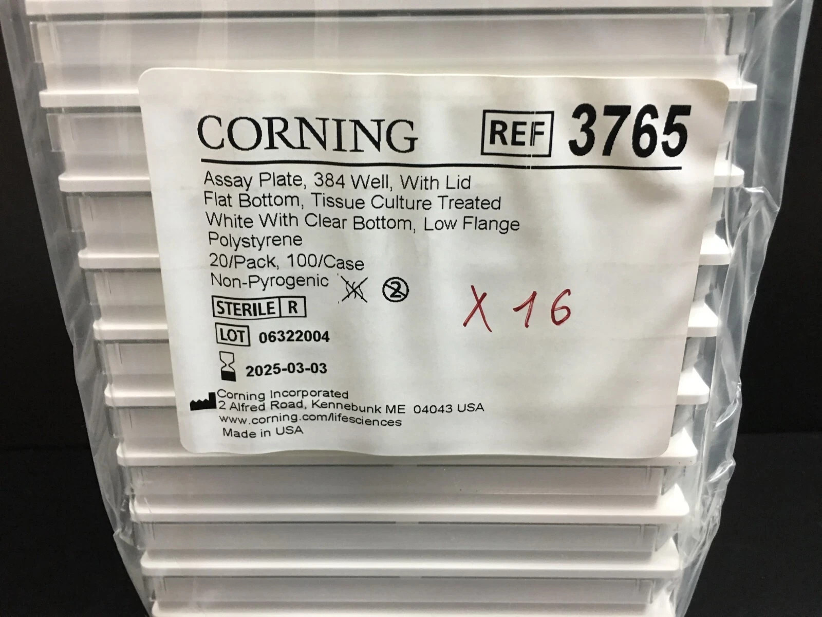 Corning REF 3765 Cell Culture Treated 384 Well Flat-Bottom Microplate Lot 16 PCS