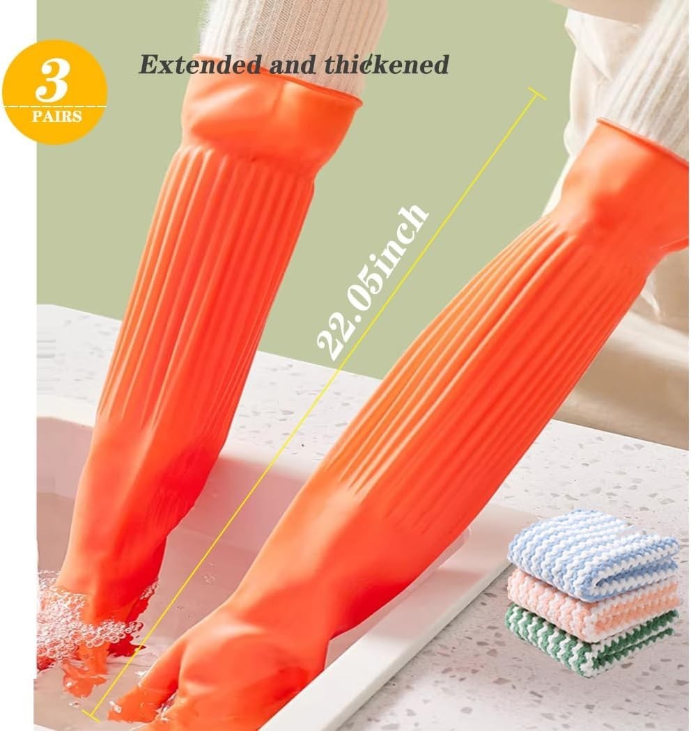 3 Pairs Household Extra Long Kitchen Gloves for Washing Dishes，20.05inches Ru…