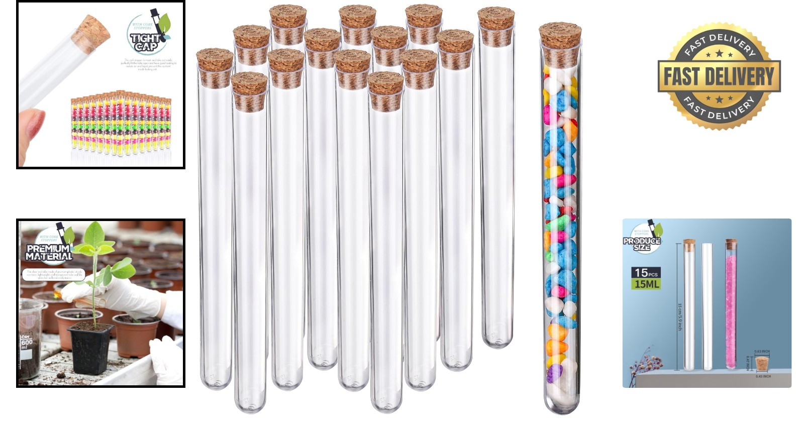 15pcs Clear Plastic Tubes with Cork 15ml – Perfect for Science & Crafts