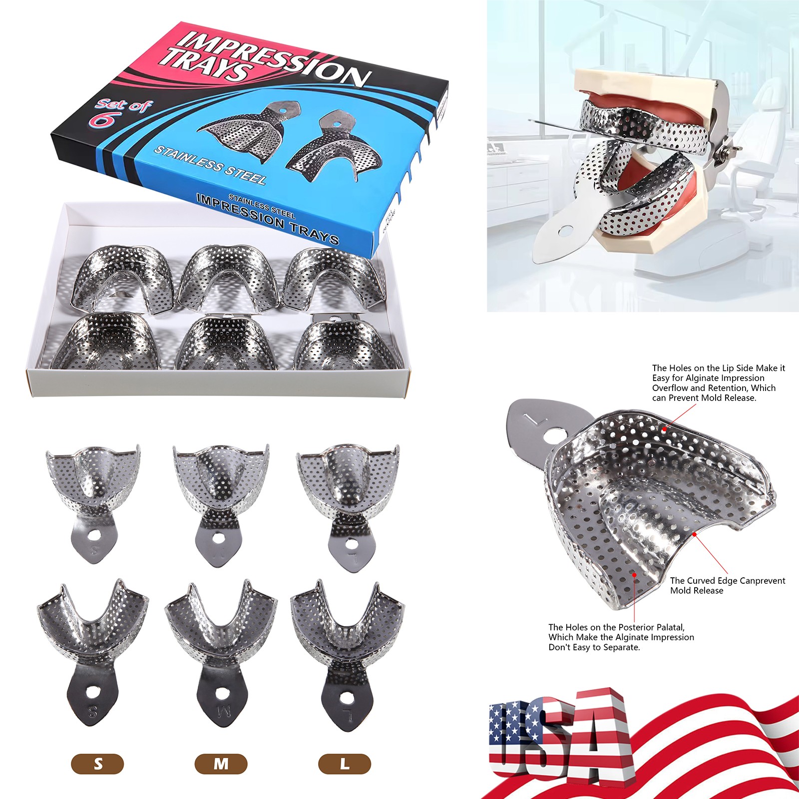 Metal Dental Impression Trays set Perforated Upper & Lower Denture Edentulous