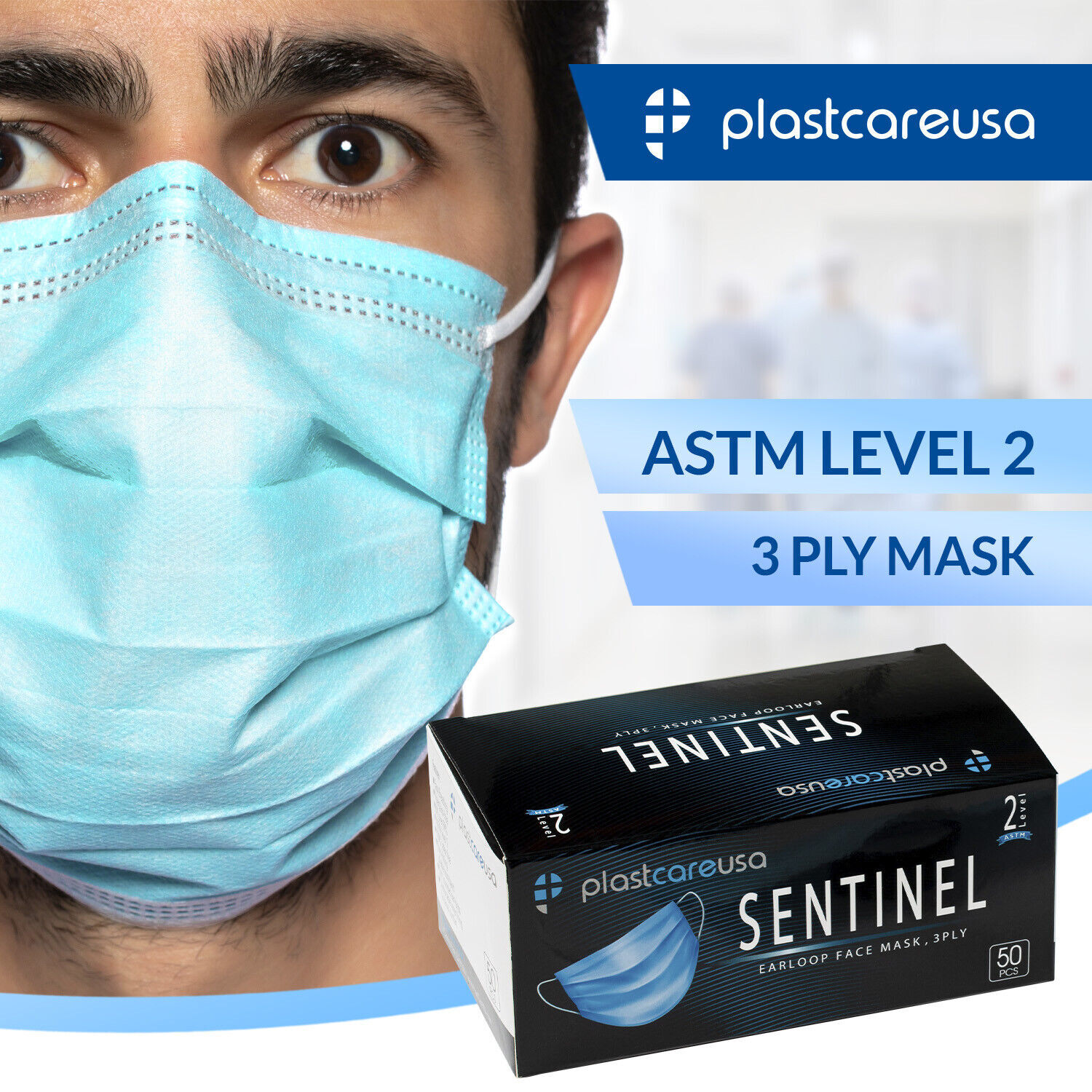 Earloop Face Mask, 3 Layers (3-Ply), ASTM Level 2, Sentinel 1 Box (50 Pcs)