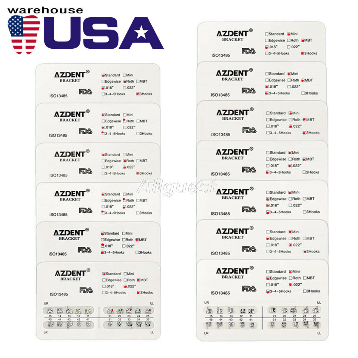 AZDENT Dental Orthodontic Brackets Braces Standard & Mini Roth & MBT Hooks 3-4-5