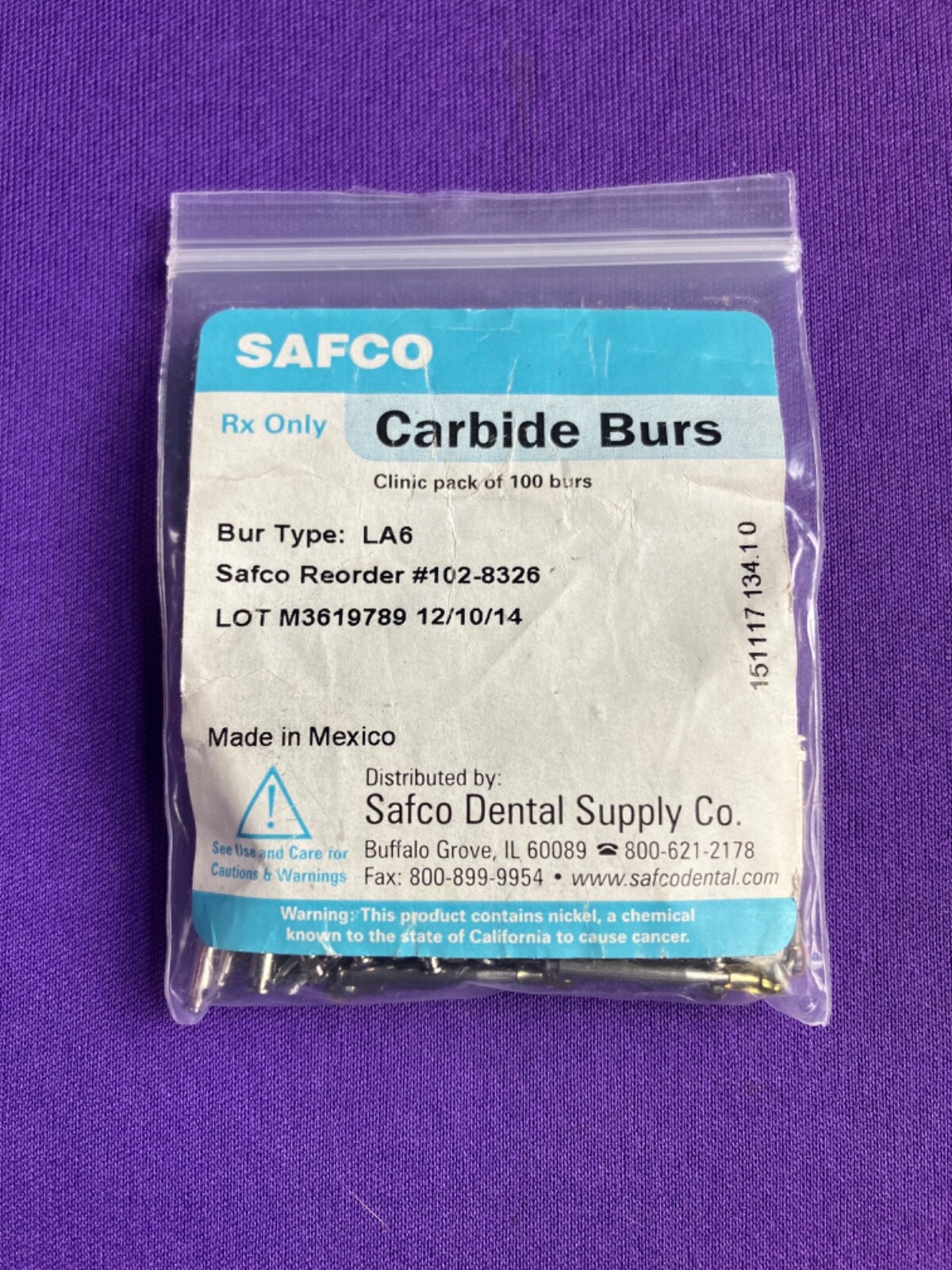 Safco brand Dental RA #6 Round Carbide Bur for Slow Speed Latch Type Quantity 5