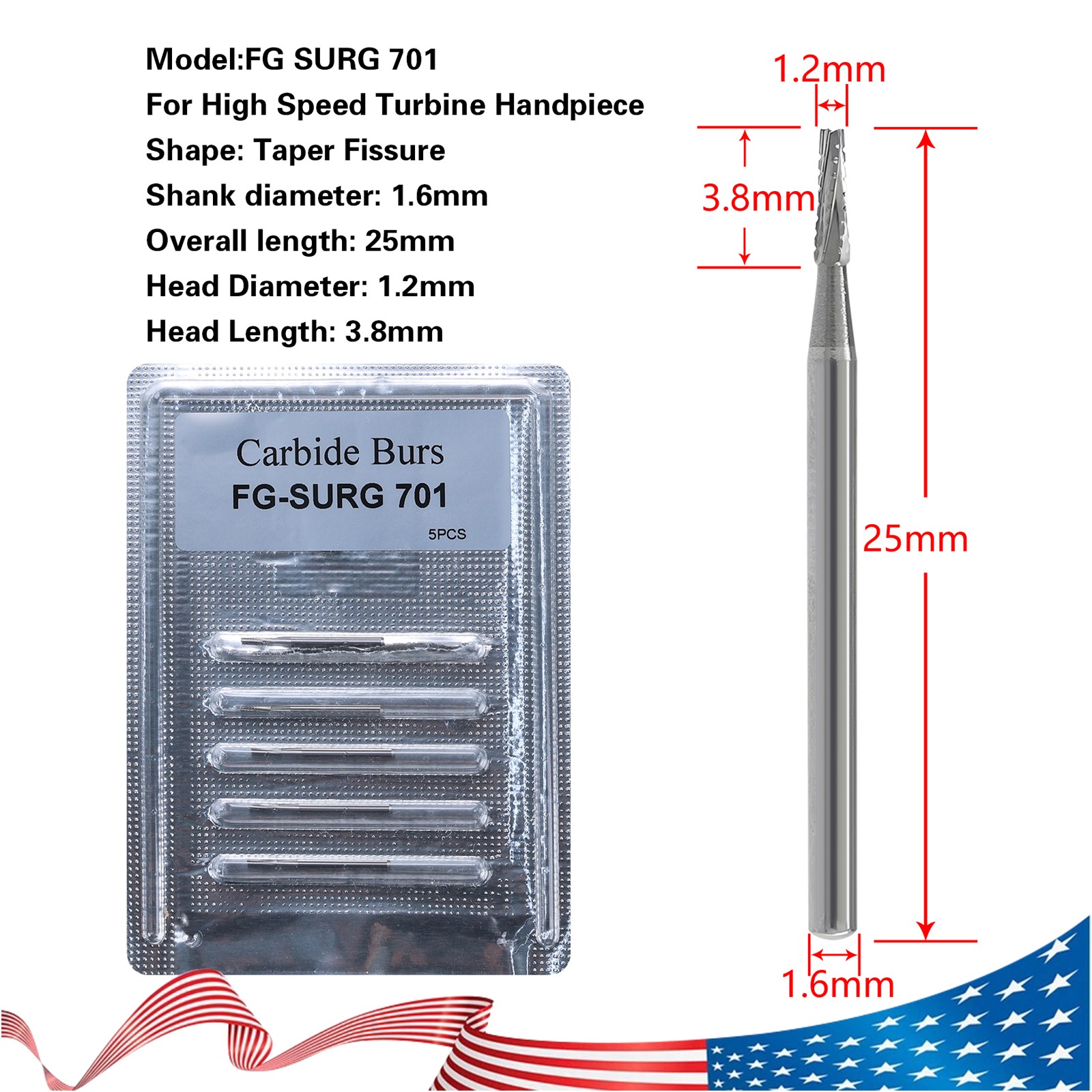 5pcs FGXL-701L Dental Surgical Carbide Burs 25mm Tapered Fissure Cross Cut