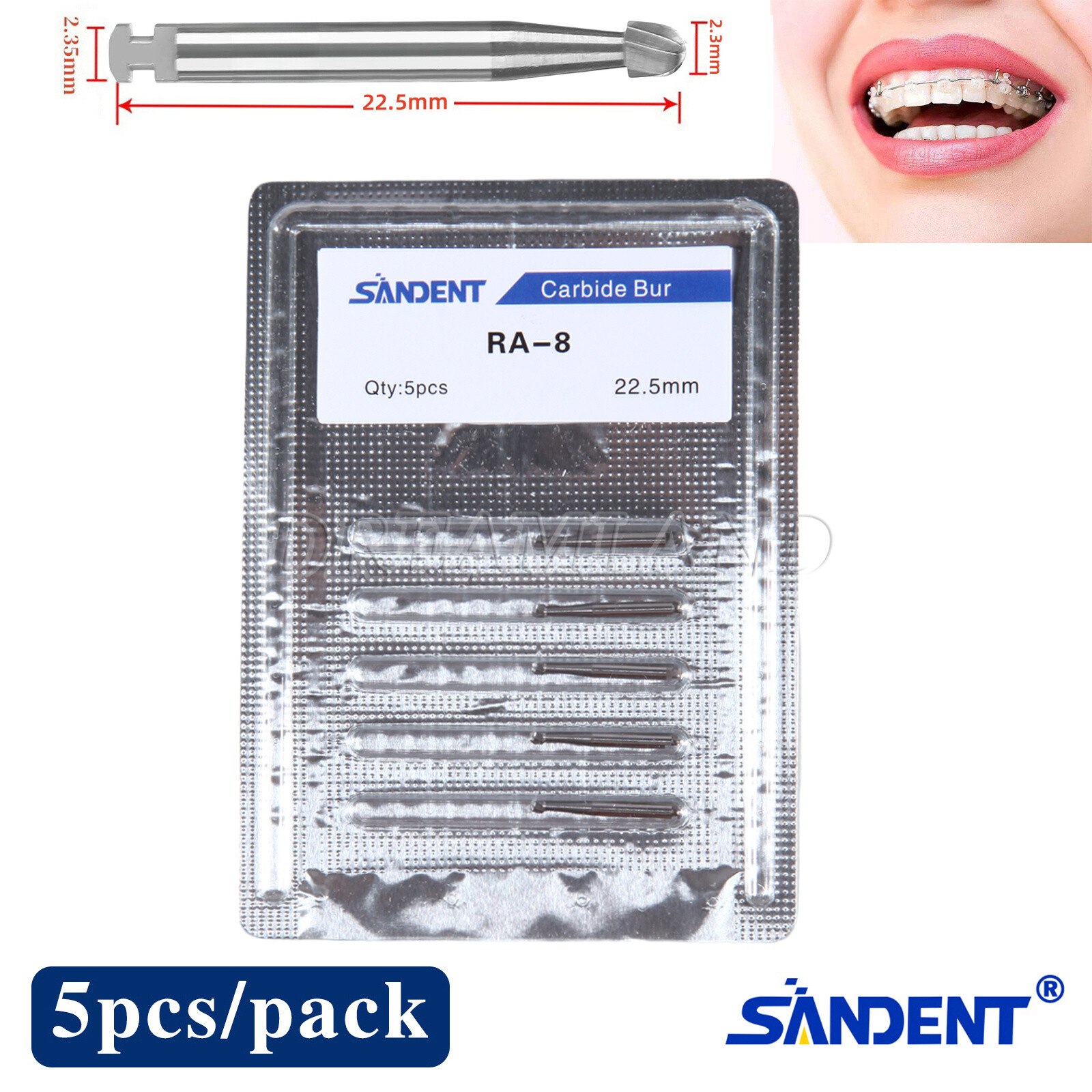 5 Pcs/Pack Dental 22.5mm Round Carbide Bur Slow Speed Latch Type RA8 Burs USA