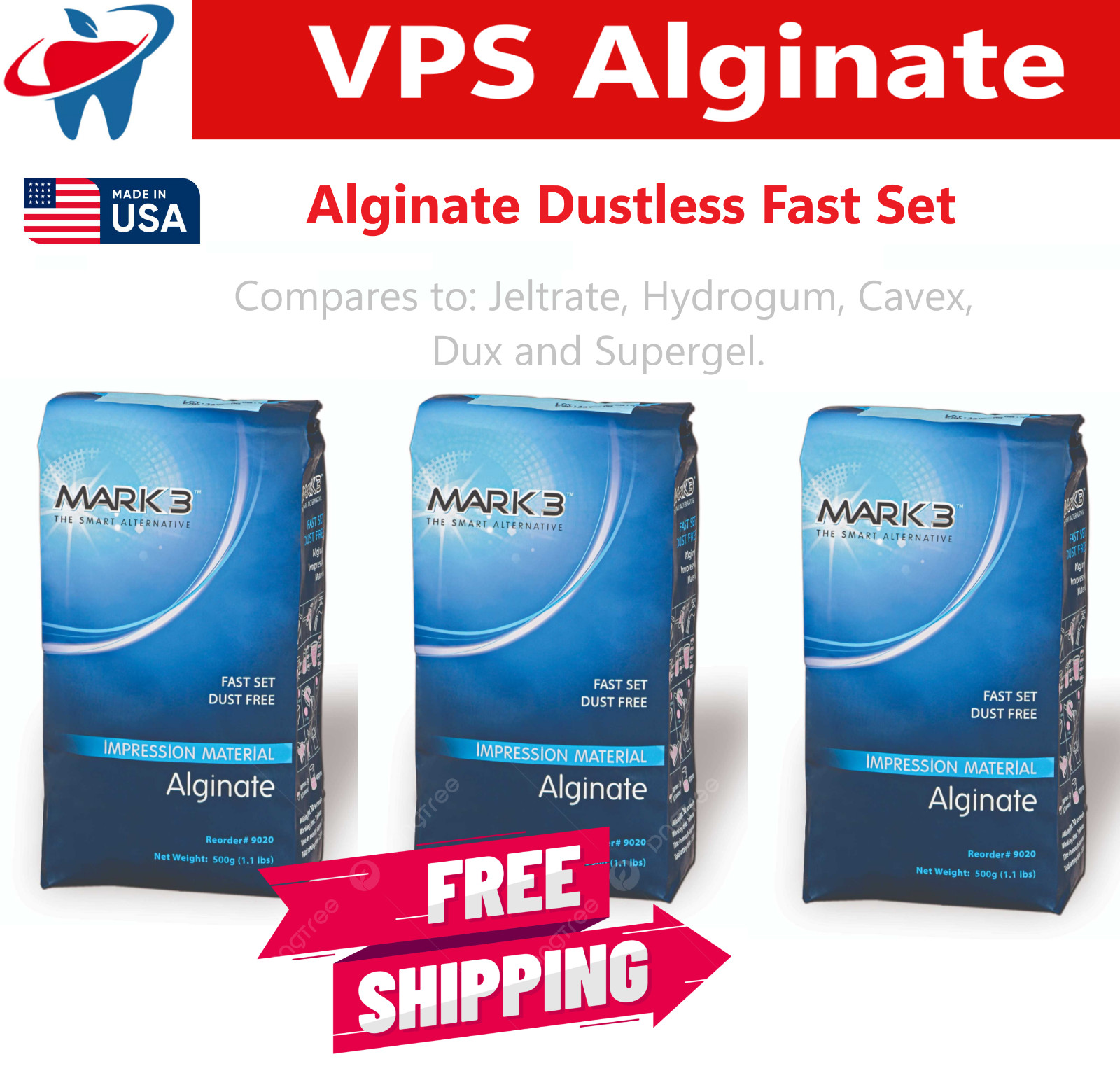 Dental Alginate Impression Material Dustless Fast Set, 3 Bags (1.1lb per Bag)
