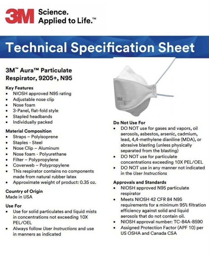 3M N95 Aura 9205+ 20 MASKS NIOSH Approved N95 Particulate Respirator Face Masks