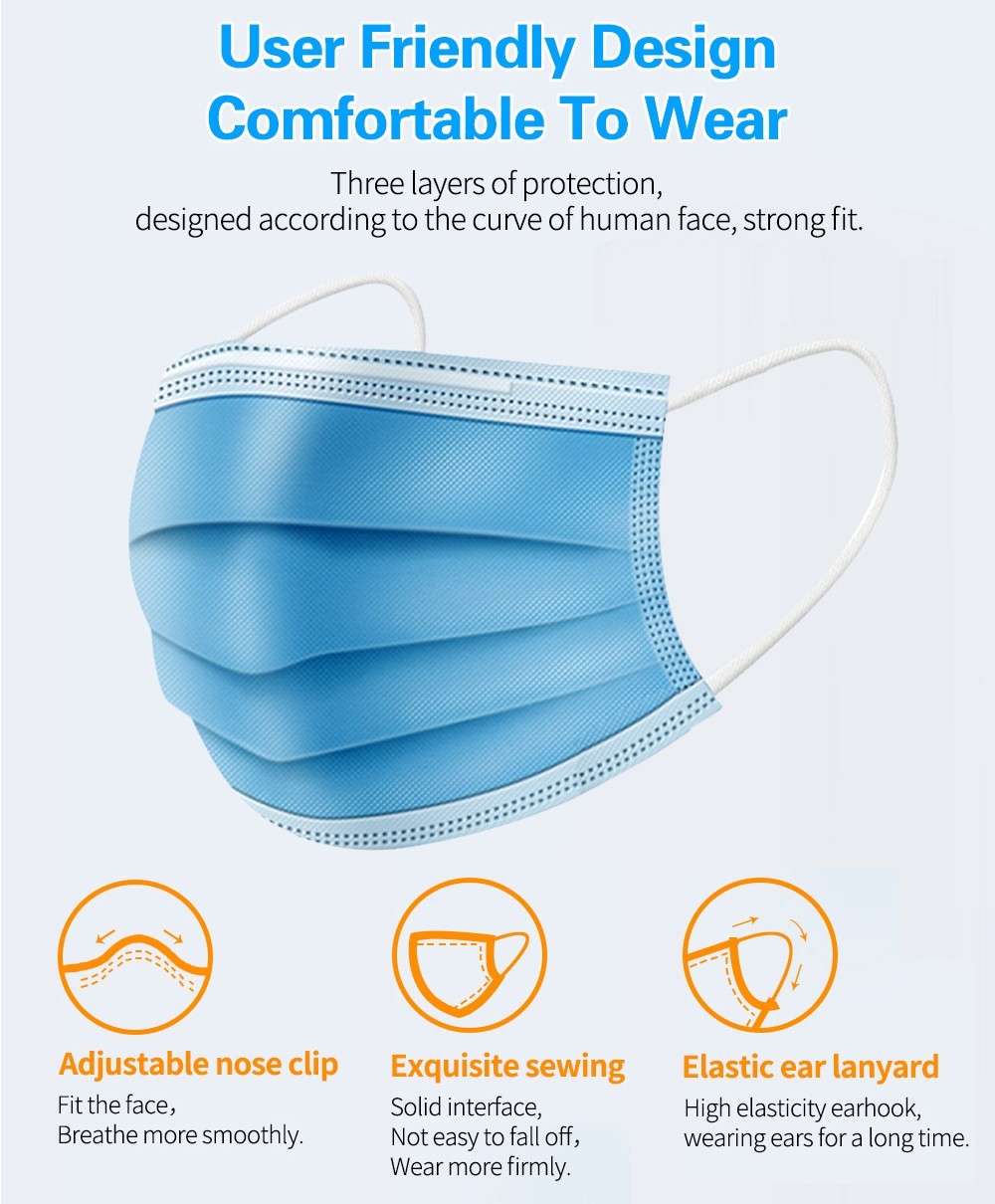 50/100/200PCS 3-Layer Disposable Face Masks Non-Woven Meltblown Anti-Dust Breath