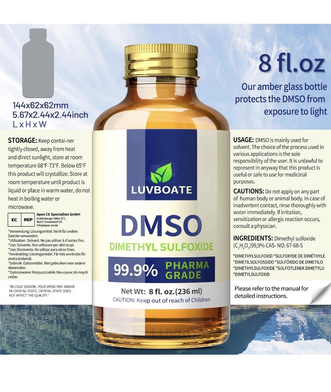 DMSO 99.9% Pharma Grade, Pure Liquid Dimethyl Sulfoxide 8 fl.oz