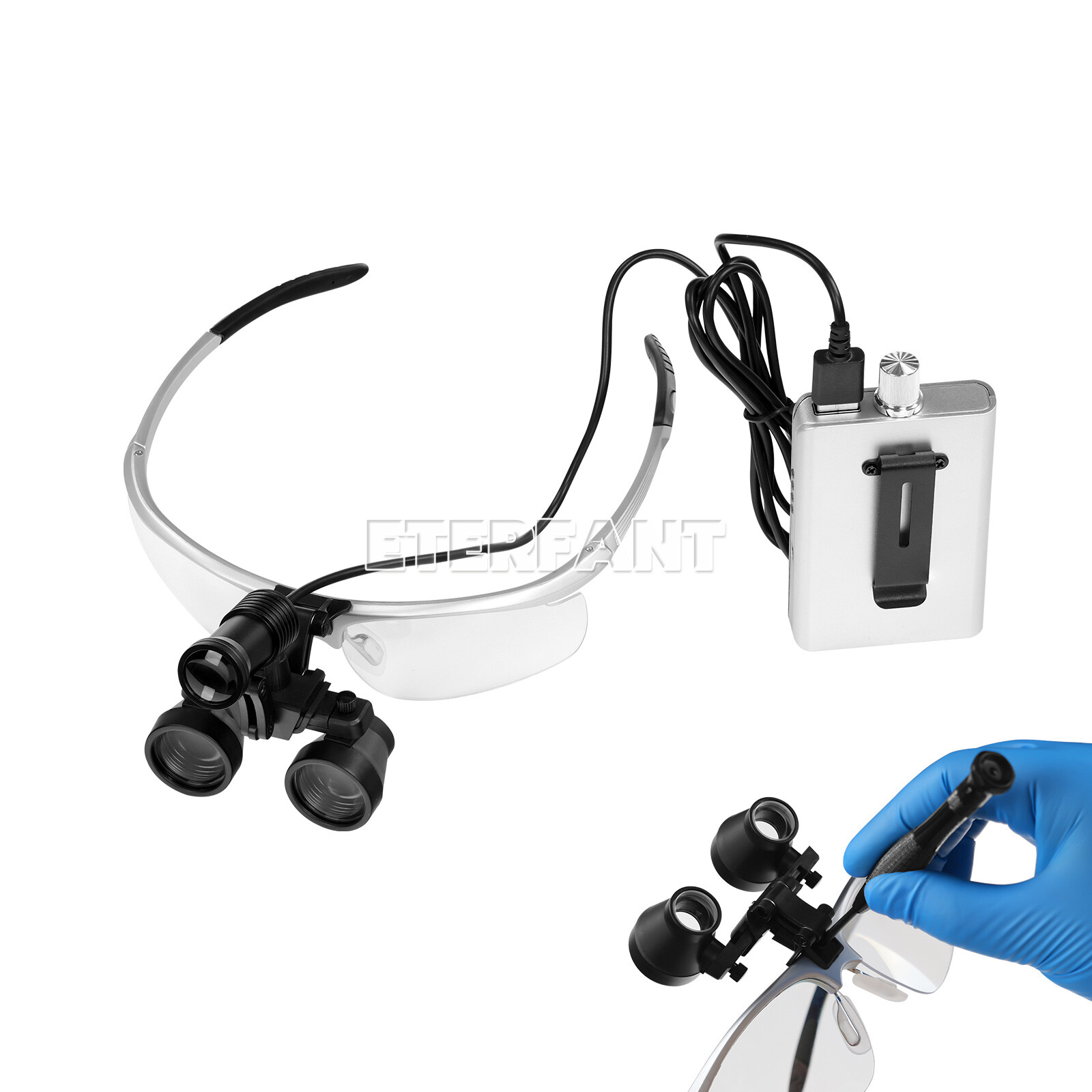 ETERFANT 3.5X Dental HD Binocular Magnifier Loupes Silver+5W LED Head Light Lamp