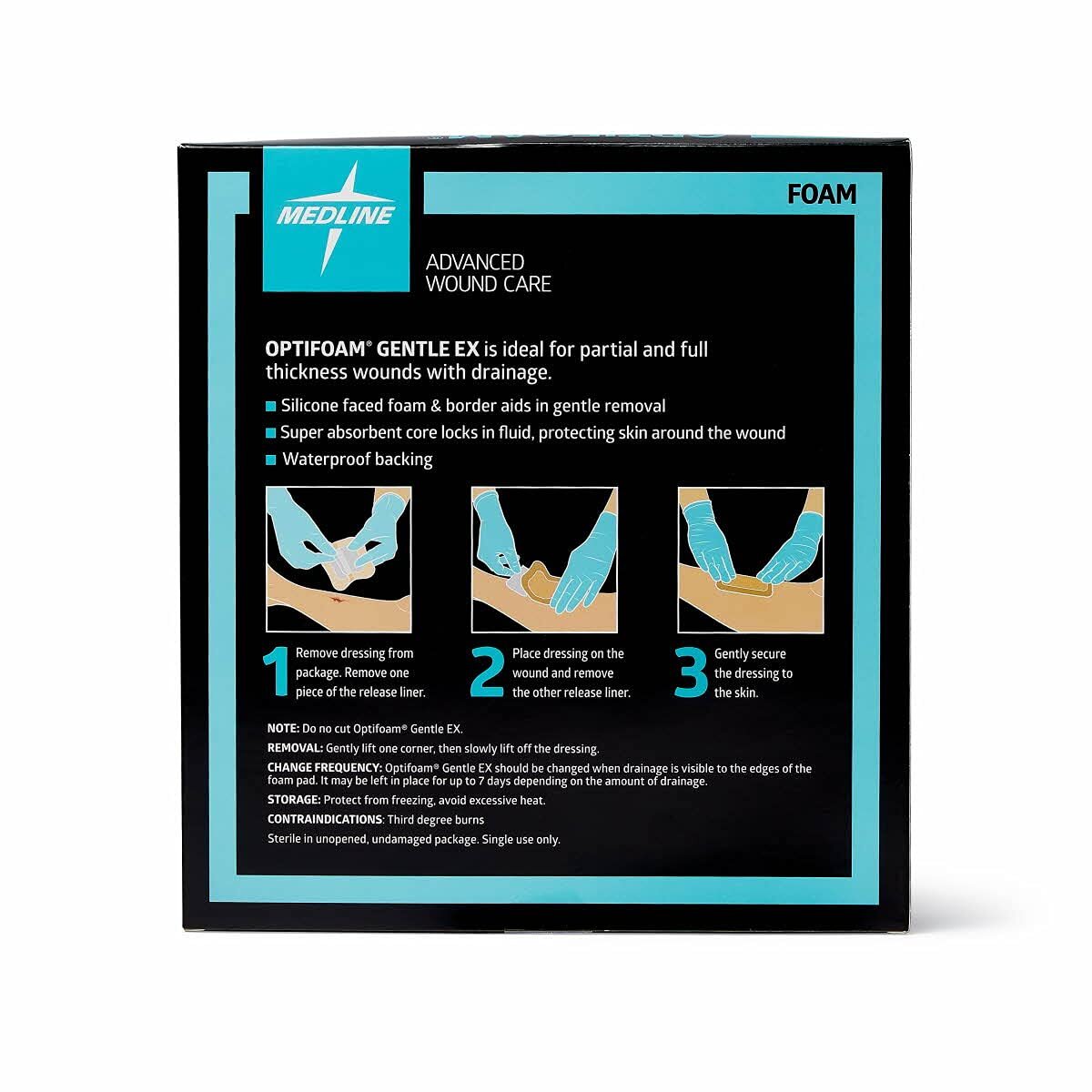 Medline Optifoam Gentle EX Bordered Foam Adhesive Dressing, 6″ x 6″ Square 10/BX