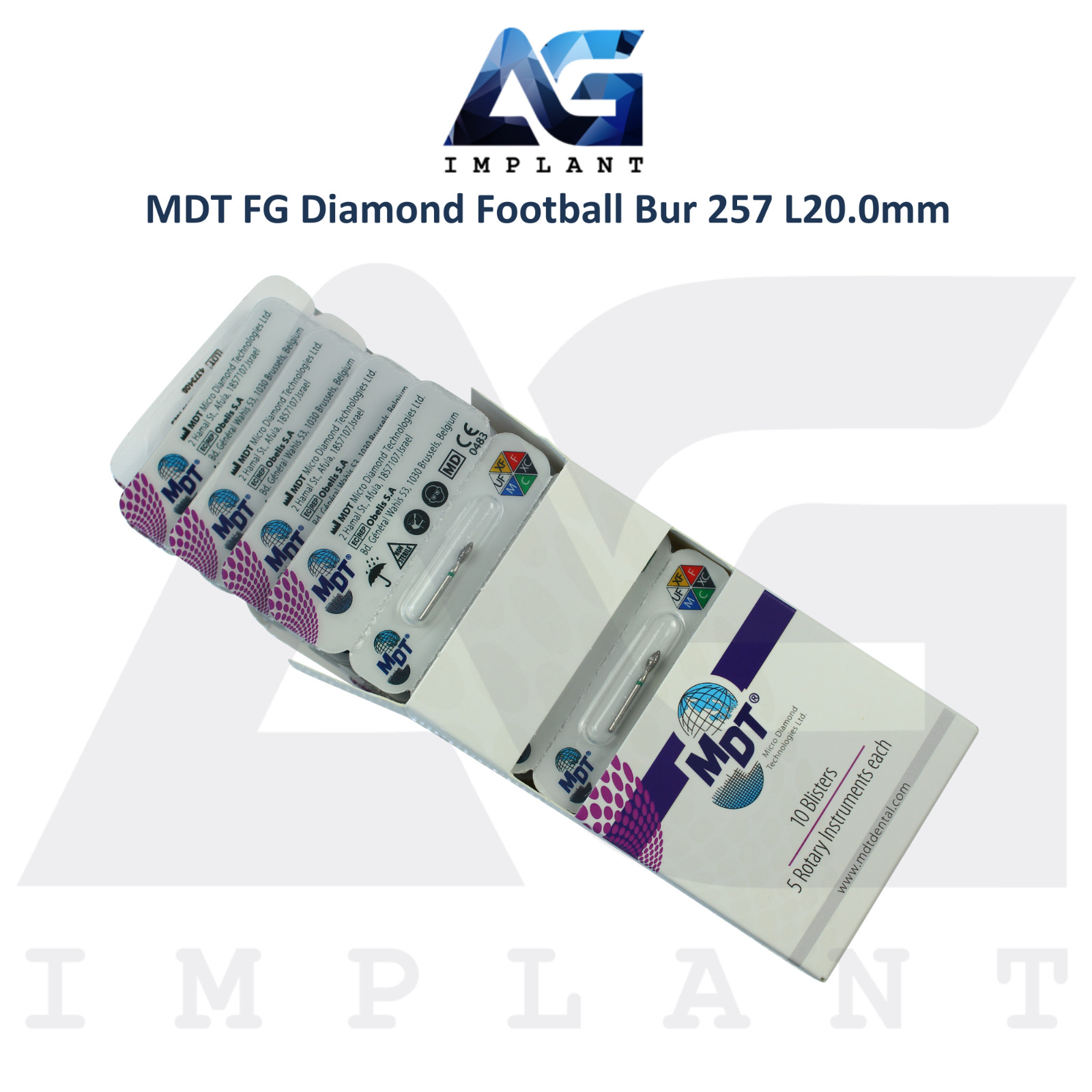 MDT Dental FG Diamond Coated Football Burs 257 L20.0mm Aesthetic Dentistry