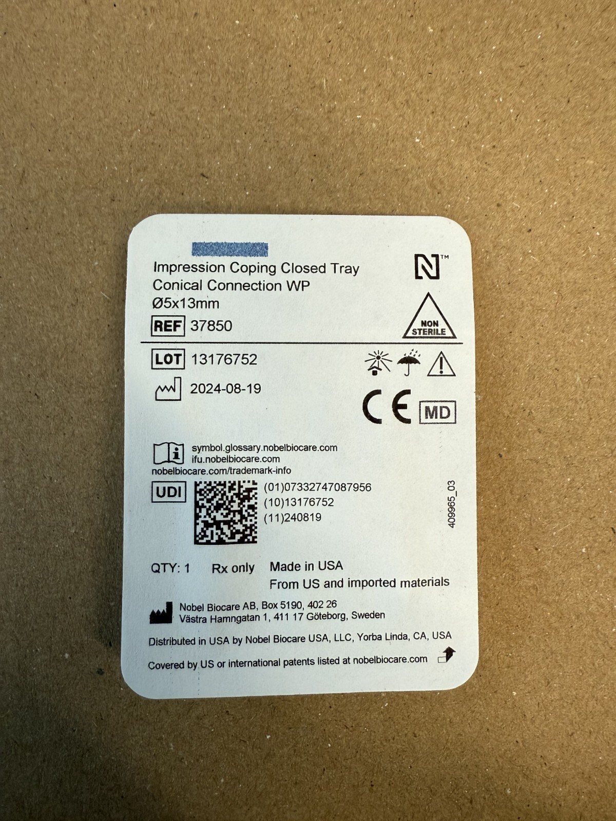 Nobel Biocare Conical WP 5 X 13mm Closed Tray Impression Coping (REF 37850)