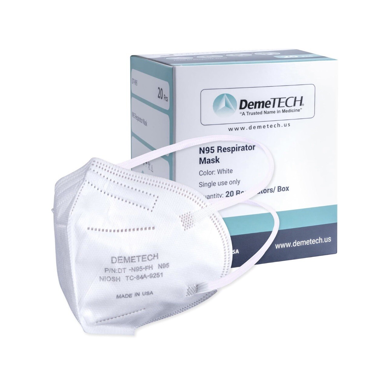 DEMETECH N95 Respirator Face Mask, NIOSH Approved, Made in the USA, Medium