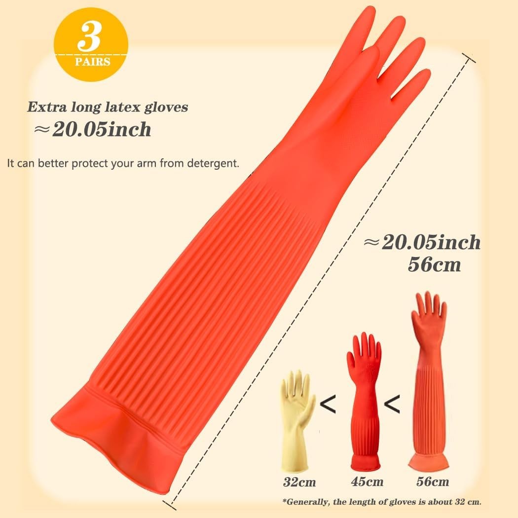 3 Pairs Household Extra Long Kitchen Gloves for Washing Dishes?20.05inches Ru…