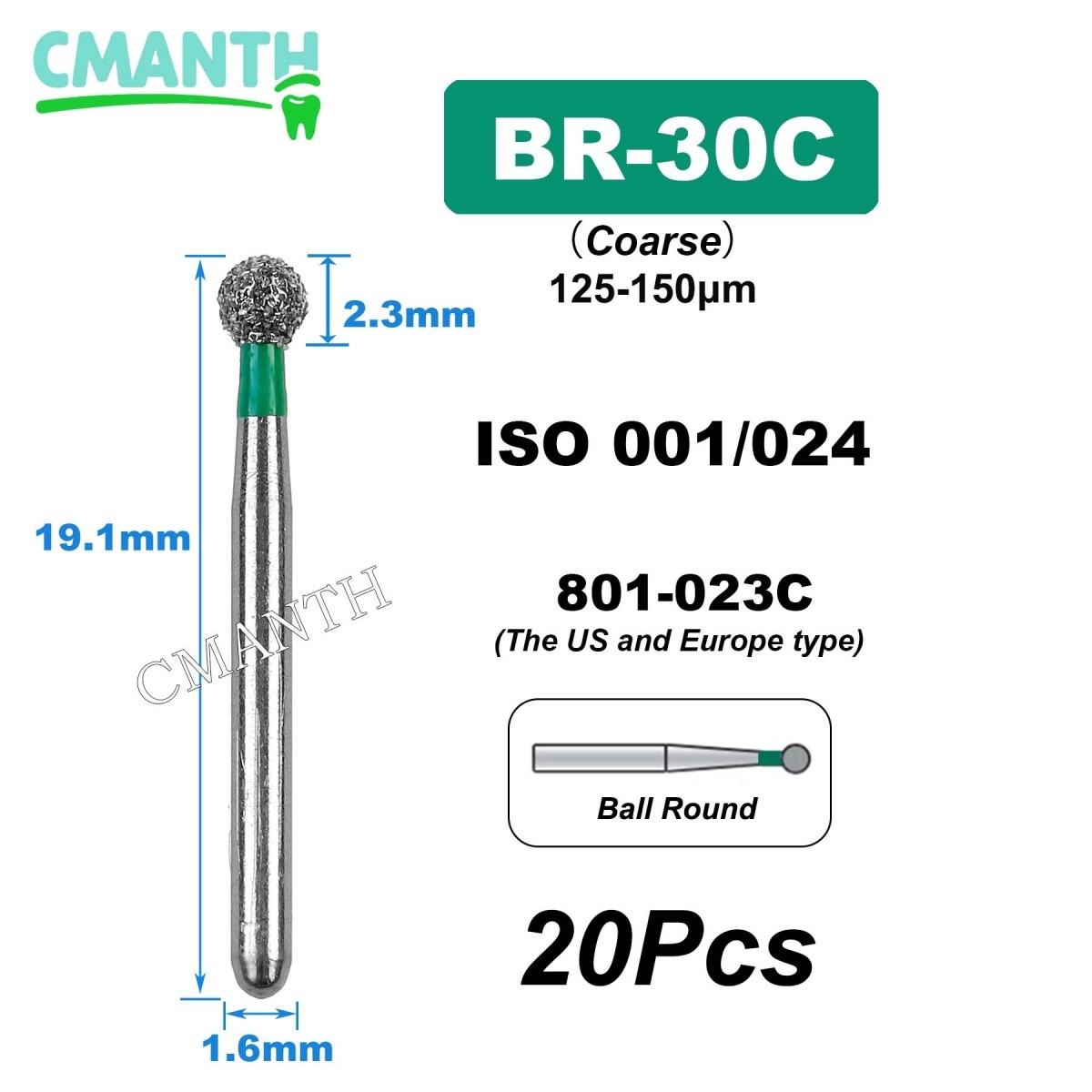 US BR Type Dental Diamond Burs Dentistry Strawberries High Speed Bur 1.6mm 20Pcs