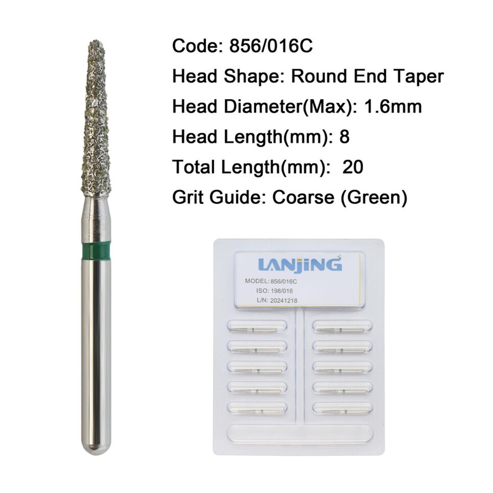 Dental Diamond Burs FG 856/016C Round End Taper Coarse Grit Green High Speed