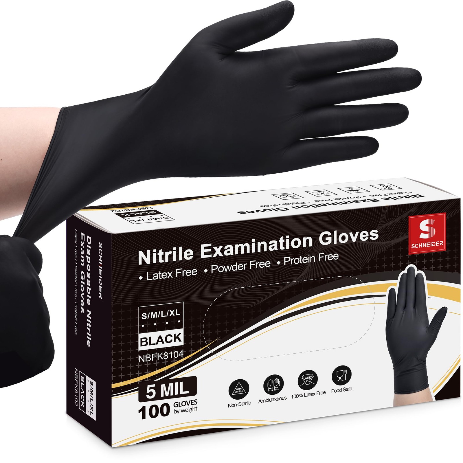 Schneider Nitrile Exam Gloves, Black, Medium, Box of 100, 5 Mil Thick Dispos…