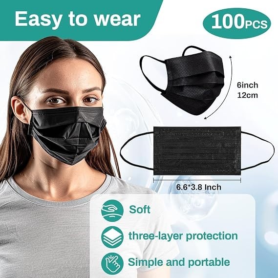 100 Pcs Disposable Face Masks 3-Ply Breathable Filter Protection Home School