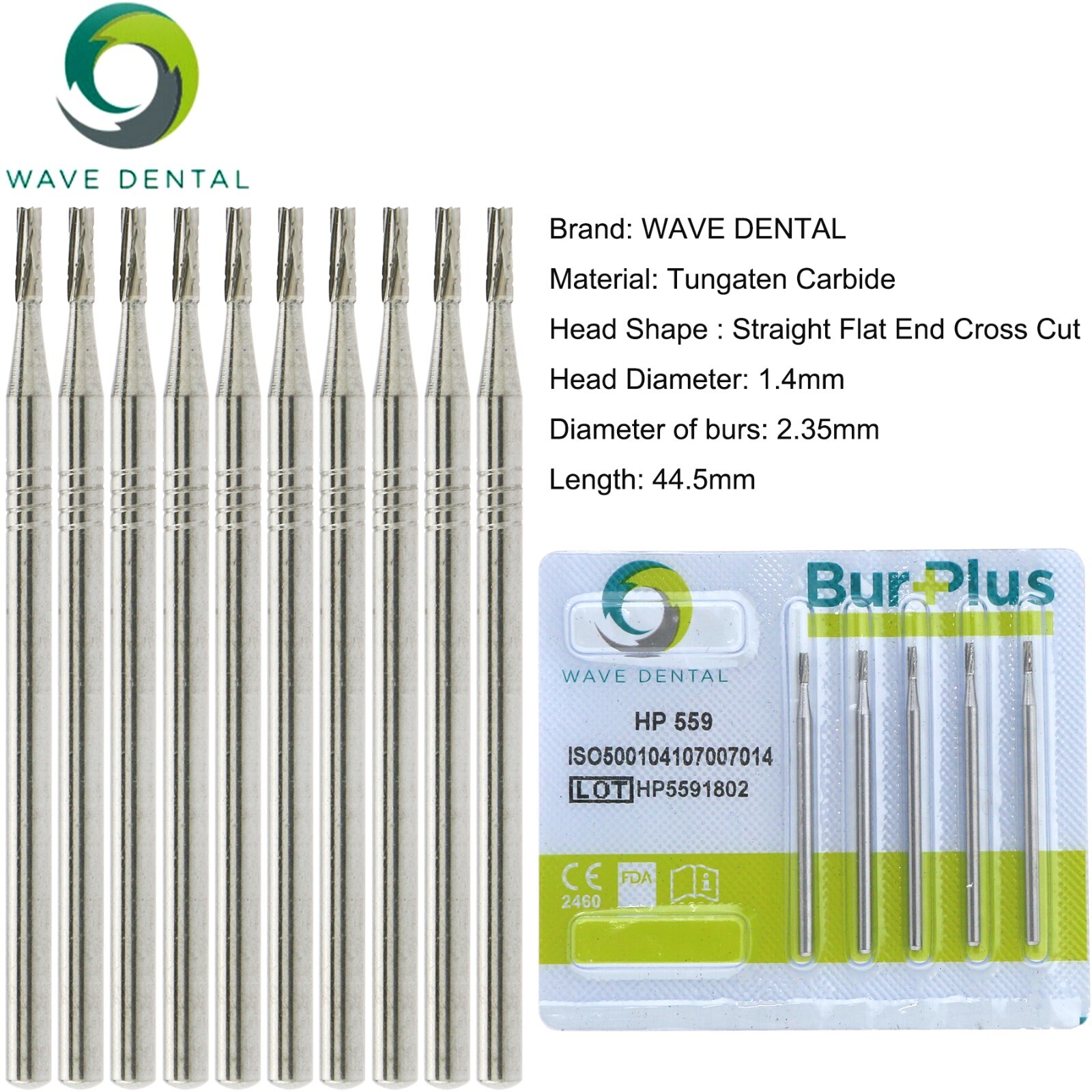 US 10 Pcs WAVE Dental Tungsten Carbide Bur Straight Fissure HP 555 – 563 Prima
