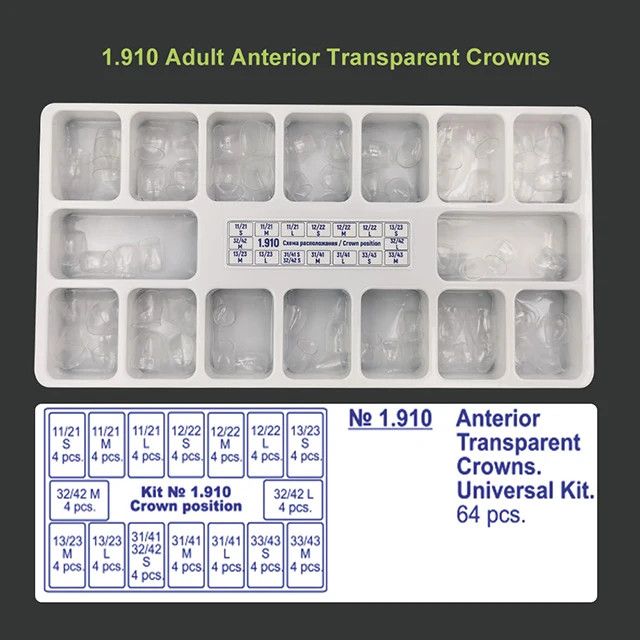 64Pcs Anterior Transparent Crowns Dental Pre-Crowned Temporary Adult Braces Kit