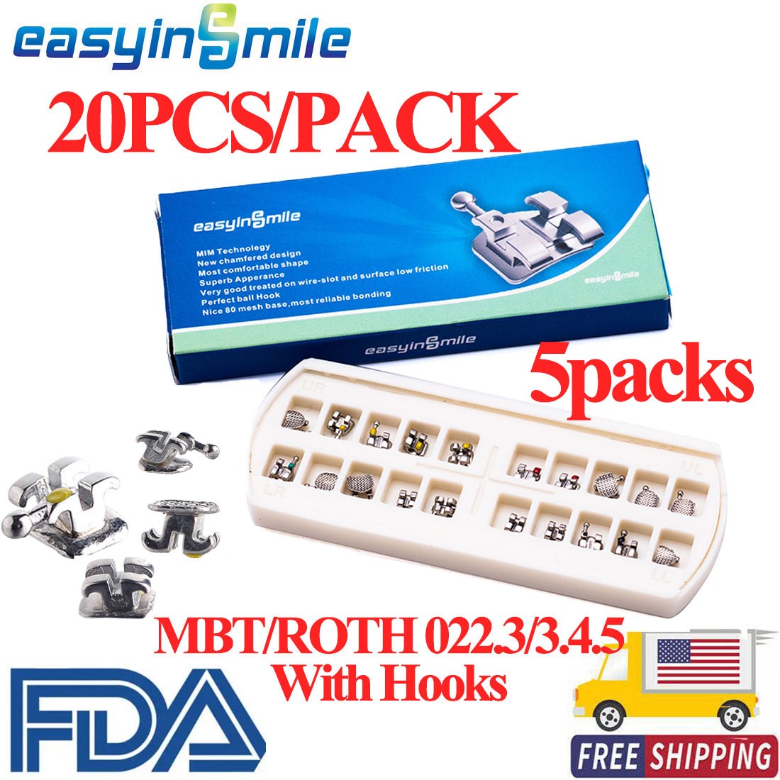 5Pks Dental Orthodontic Braces Metal MINI Brackets MBT/ROTH 022 3/345 Hooks