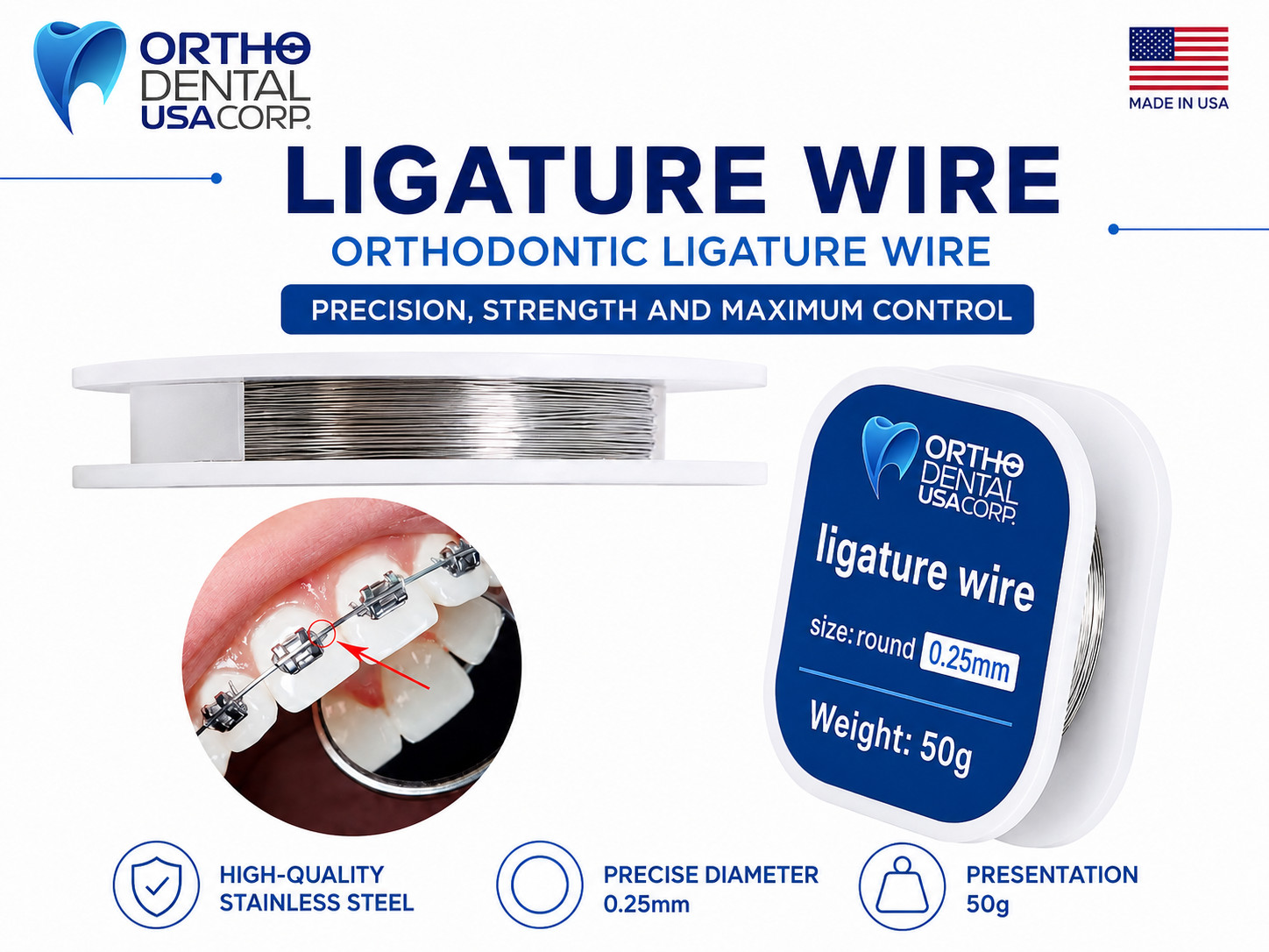 Orthodontic ligature wires 0.25 mm 50 m SPOOL ship from USA / USA seller