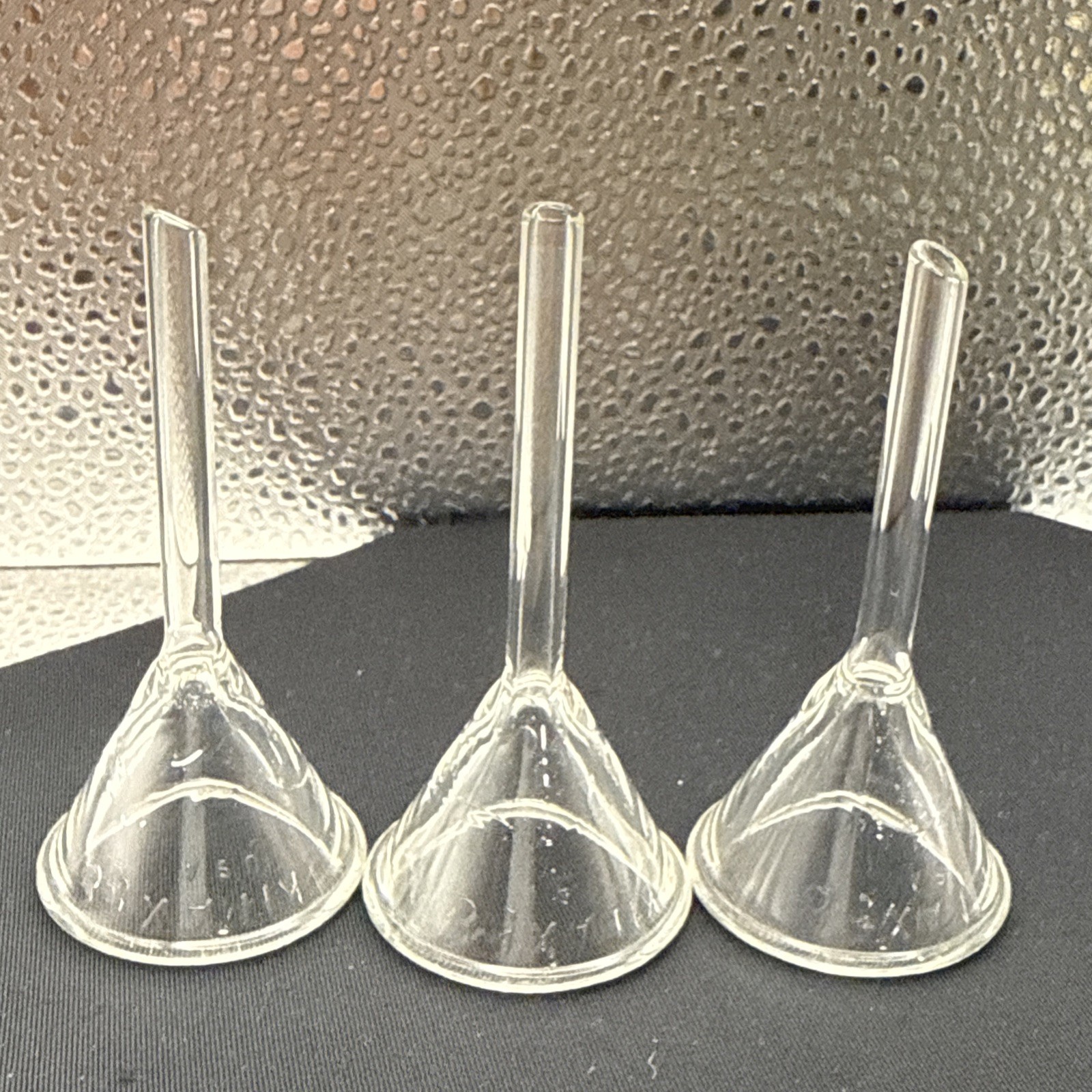 Set of (2) Kimble Kimax Glass 45mm 58º Short Stem Filling Funnel Lot of 3