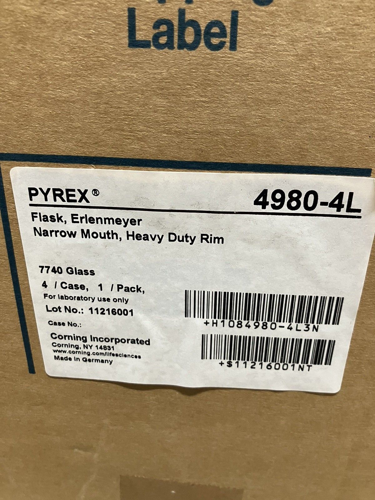 Corning Pyrex 4980-4L 4L Erlenmeyer Flask Narrow Mouth Heavy Rim Graduated