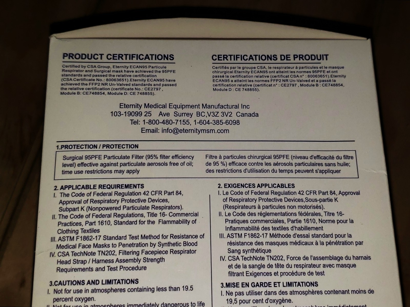 20 Pcs 95FPE Particulate Respirator Surgical Mask CSA Approved Filters 95%+ PFE