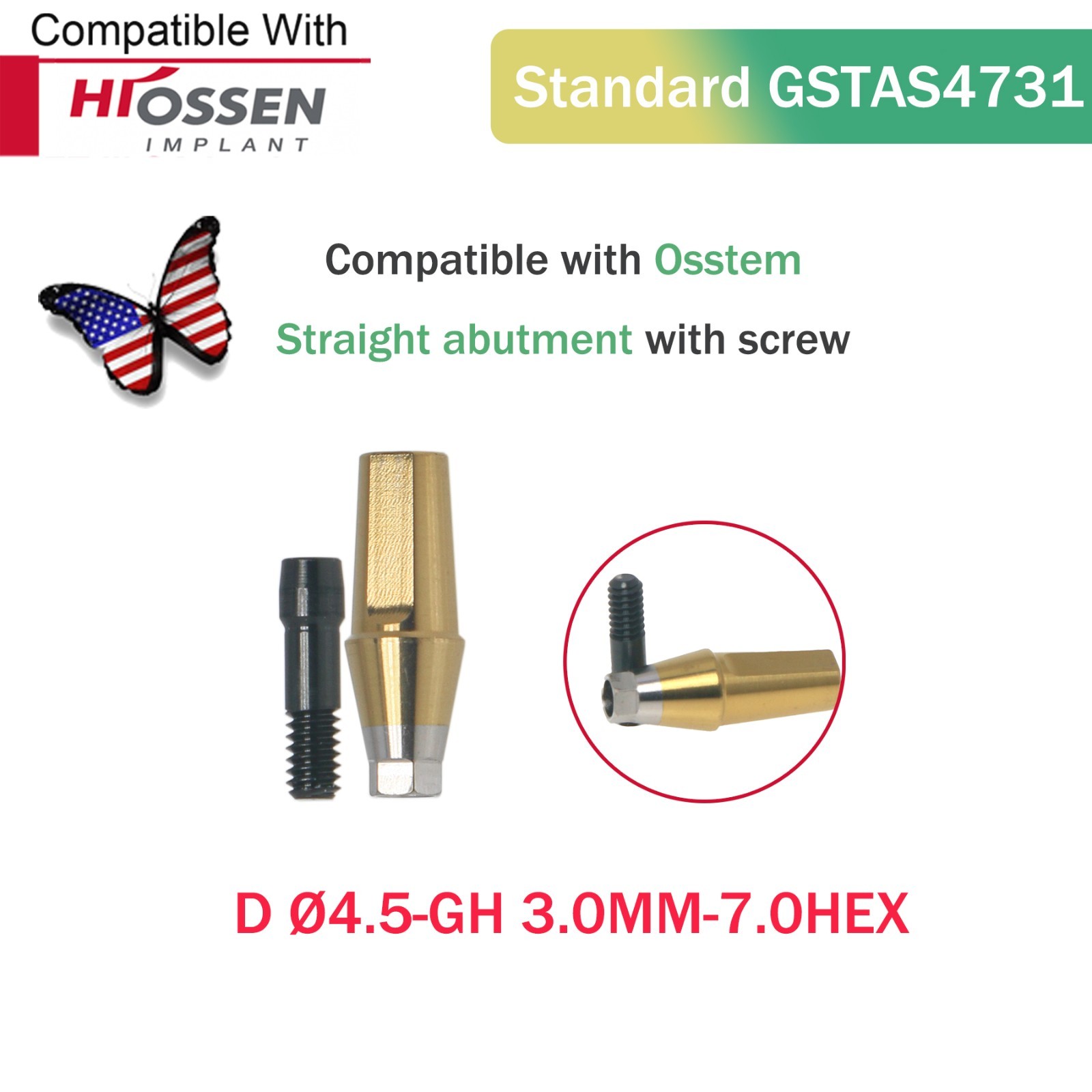 US Titanium Straight Transfer Hex Abutment Fit Hiossen ET/Osstem TS Mini/Regular