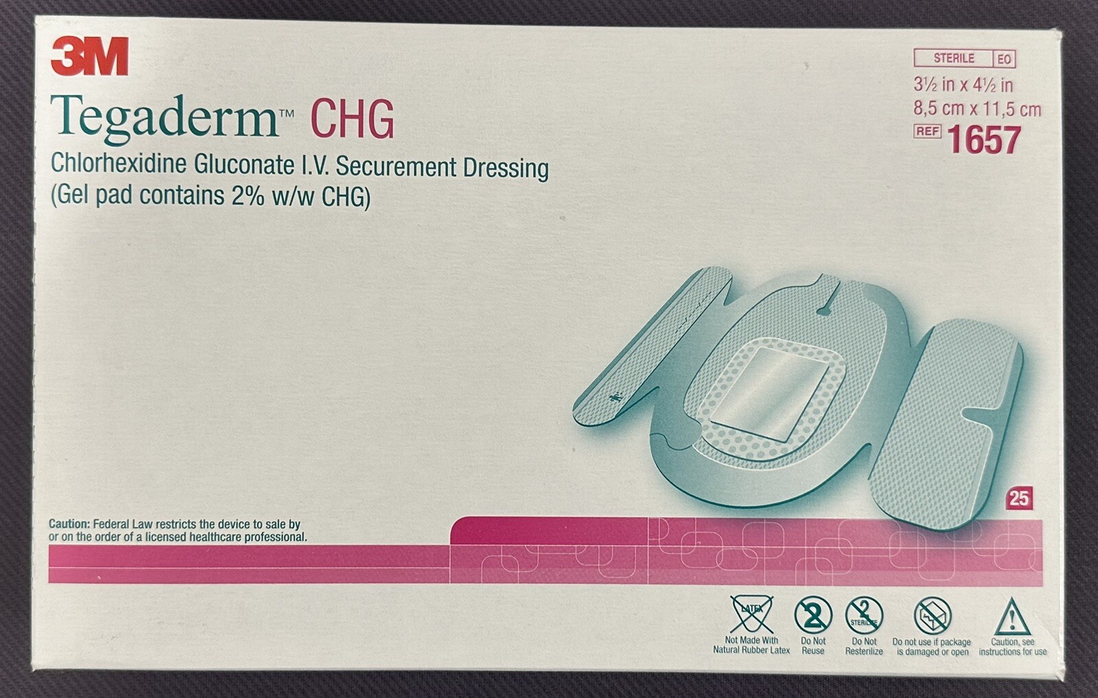3M Tegaderm CHG Securement Dressing, 3.5×4.5 REF 1657 Box of 25 NEW