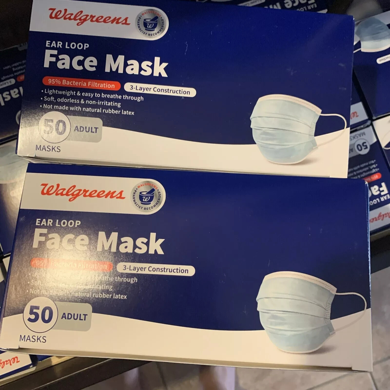 Walgreens Ear Loop Face Mask 100 Ct Total Lightweight Soft Odorless 2 Boxes